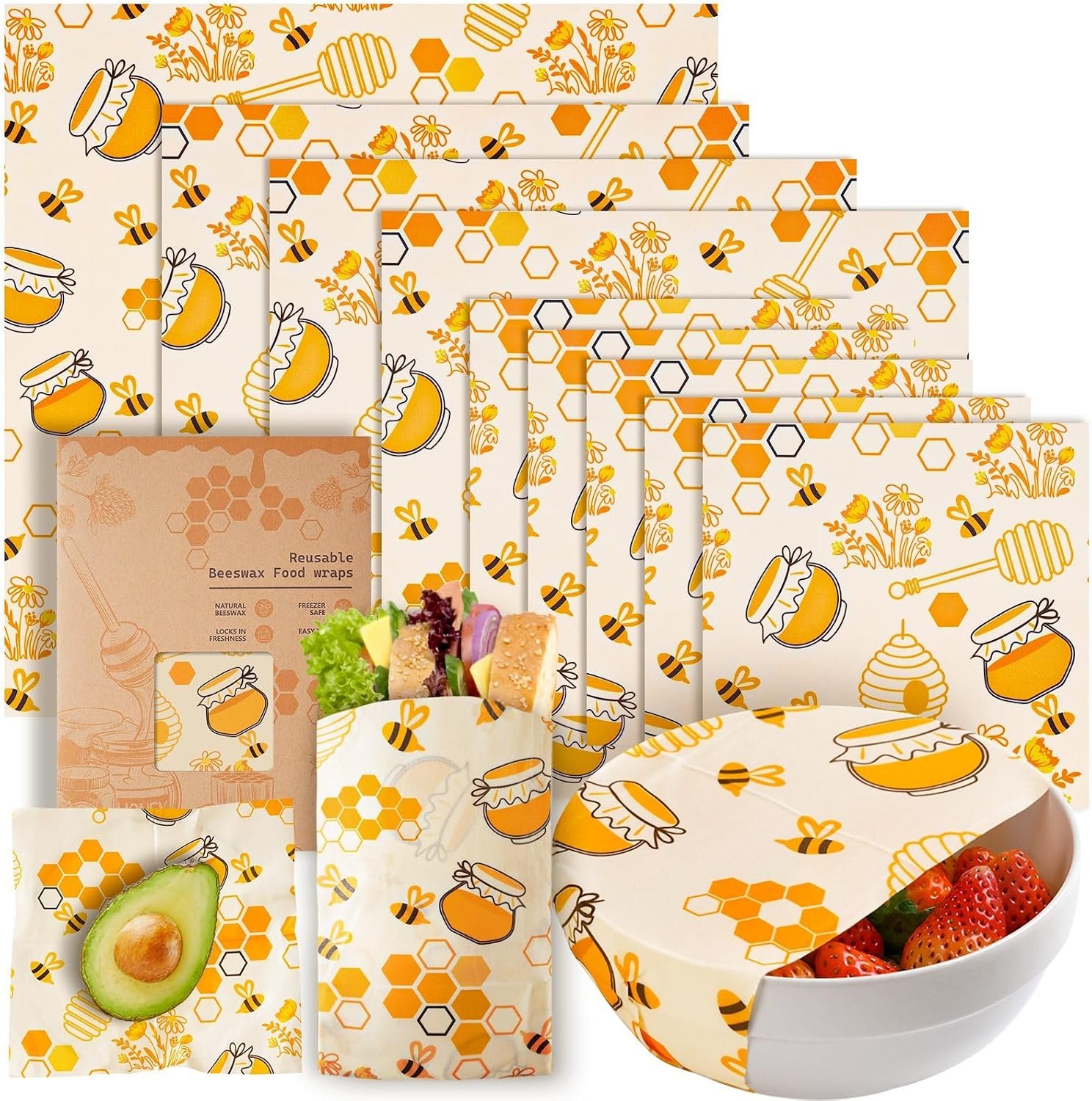 9 Pack Beeswax Wraps for Food – Reusable Beeswax Bread Bag & Sandwich Wrap