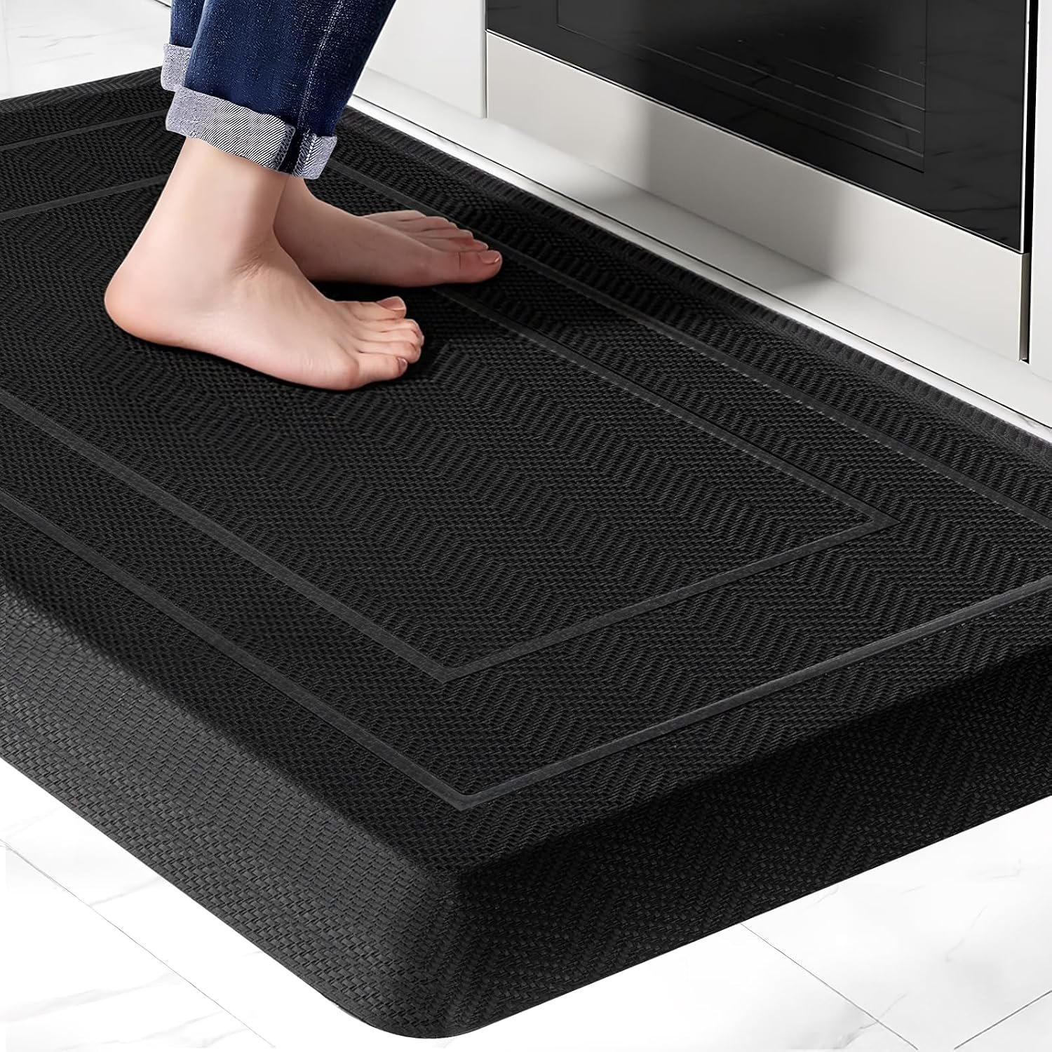 UKISS 9/10″” Extra Thick Cushioned Anti Fatigue Kitchen Mat, Waterproof High Density Foam Standing Desk Mat, Non-Slip Ergonomic Comfort Mat for Kitchen, Office,Workstation (Black, 20″ X 32″)