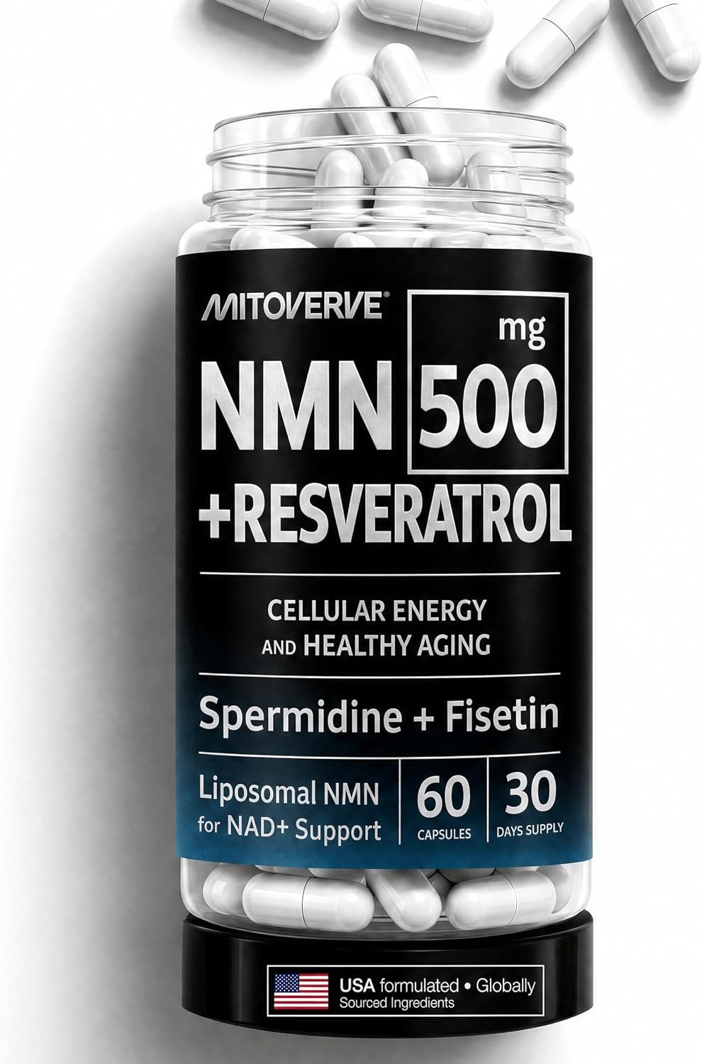 Liposomal NMN Supplement with Resveratrol, Spermidine & Fisetin – 4-in-1 NAD+ Booster for Cellular Energy, Anti Aging & Longevity – NAD+ Support for Men & Women, 60 Capsules, 30 Day Supply