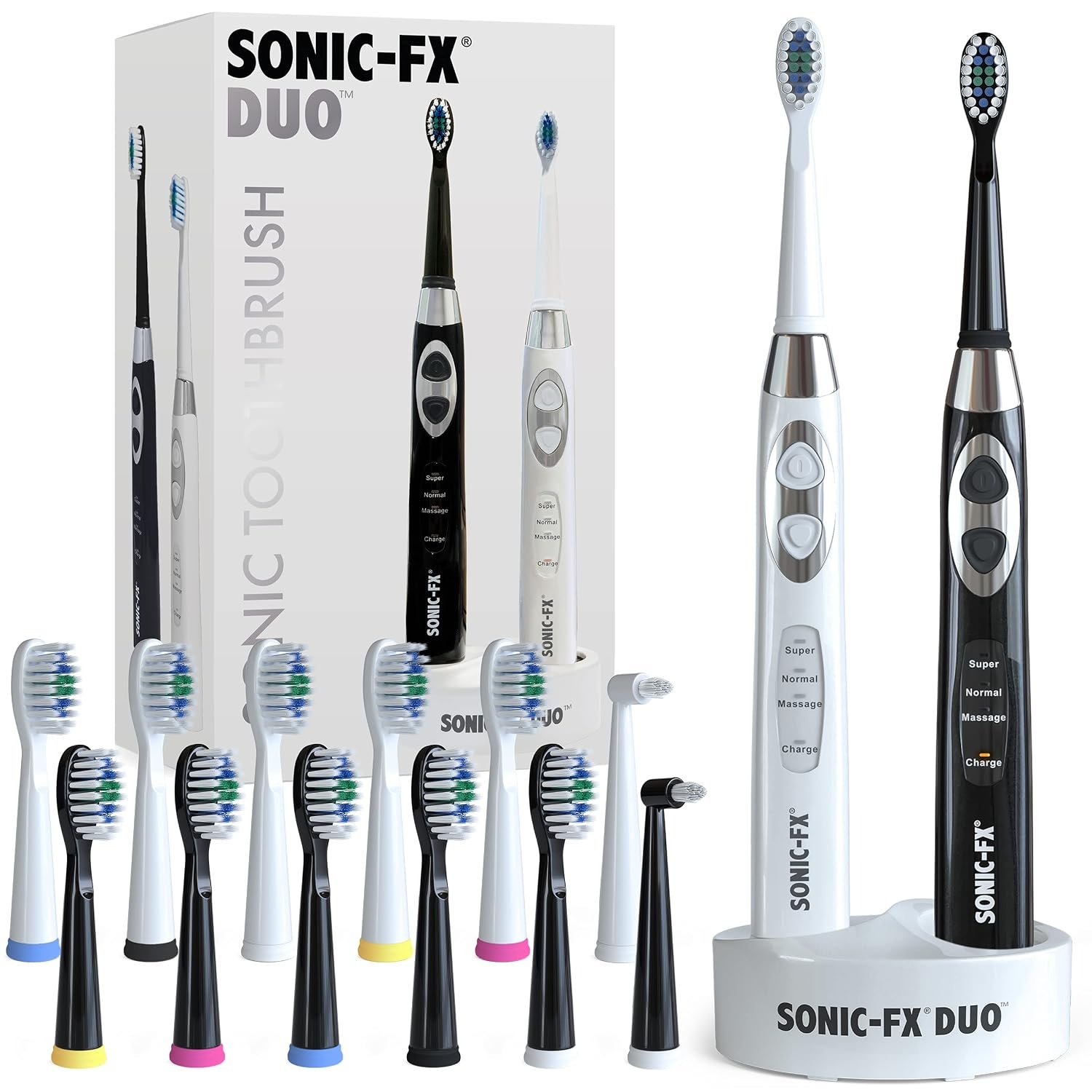 Sonic-FX Duo Rechargeable Electric Toothbrush Set – with 14 Brush Heads, 3 Modes, Smart Auto-Timer, Charging Dock Holder – Dual Handle Electric Tooth Brush for Adults & Kids, Black and White