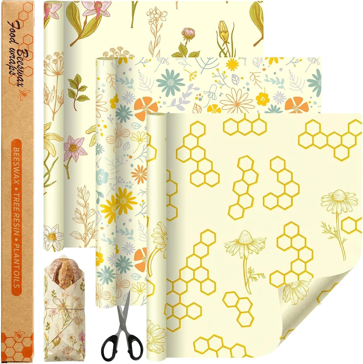 3 Rolls Reusable Beeswax Food Wrap, 13” x 59”