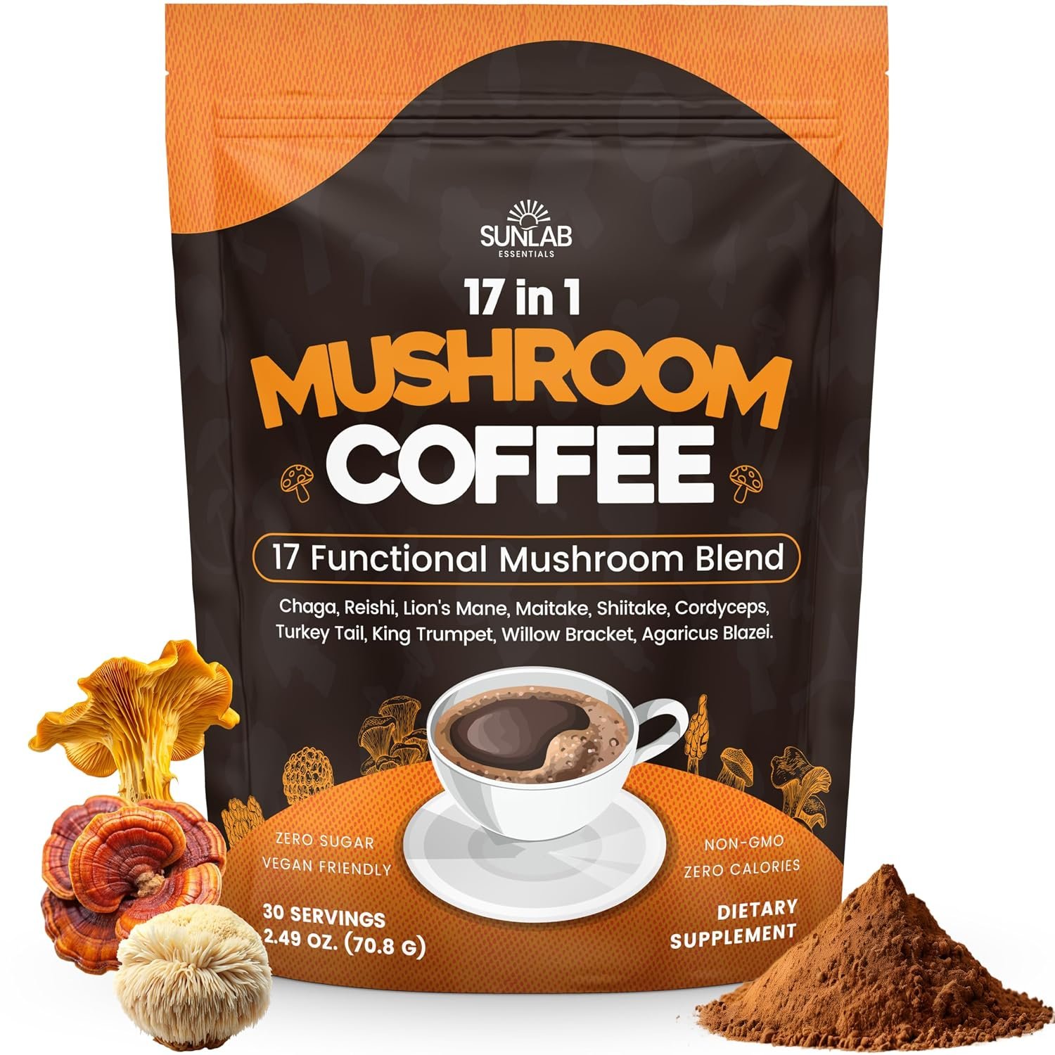 Organic Mushroom Coffee 17 Functional Mushroom Blend (Lion’s Mane, Reishi, Chaga, Cordyceps, Turkey Tail & More) Gourmet Arabica Instant Coffee for Immunity, Focus & Energy – USA Made – 30 Servings