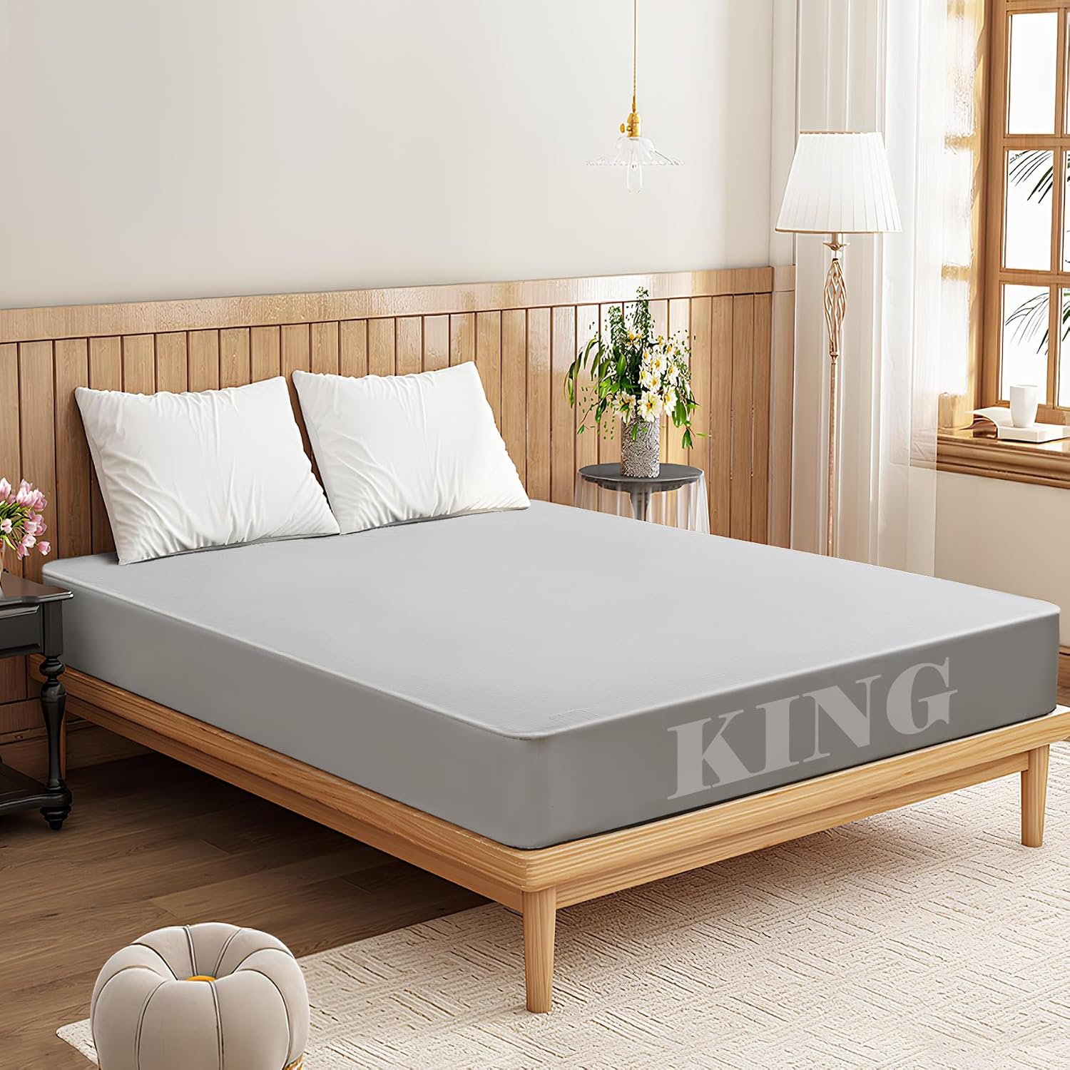 Calmbee Grounding Sheets King Size, 10% Pure Silver Fiber + 90% Organic Cotton, Grounding Sheet Earth Connected Bedding (King – 76″x 80″x 13″ Gray) Fitted Earth Sheets with Grounding Cord