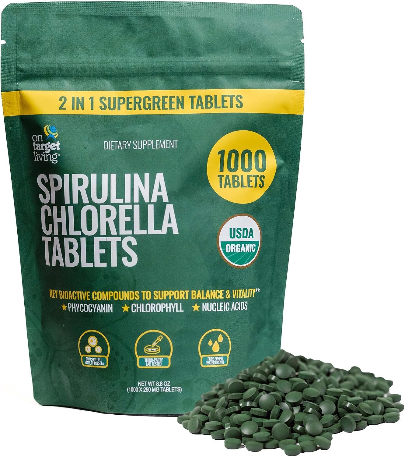 On Target Living Organic Spirulina Chlorella | Supergreens | USDA Organic | 1000 Tablets – 250 G (8.8 oz) | Vegan | Alkalyzing | Nutrient Dense | Protein Dense
