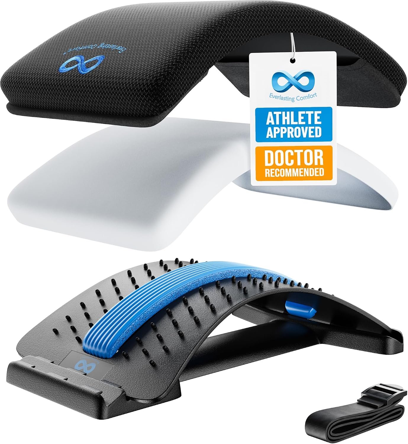 Everlasting Comfort Lumbar Support Board Back Stretcher for Lower Pain Relief – Adjustable Spine Decompression with 88 Acupressure Nodes – Back Cracking Device with Chair Strap for Posture Correction