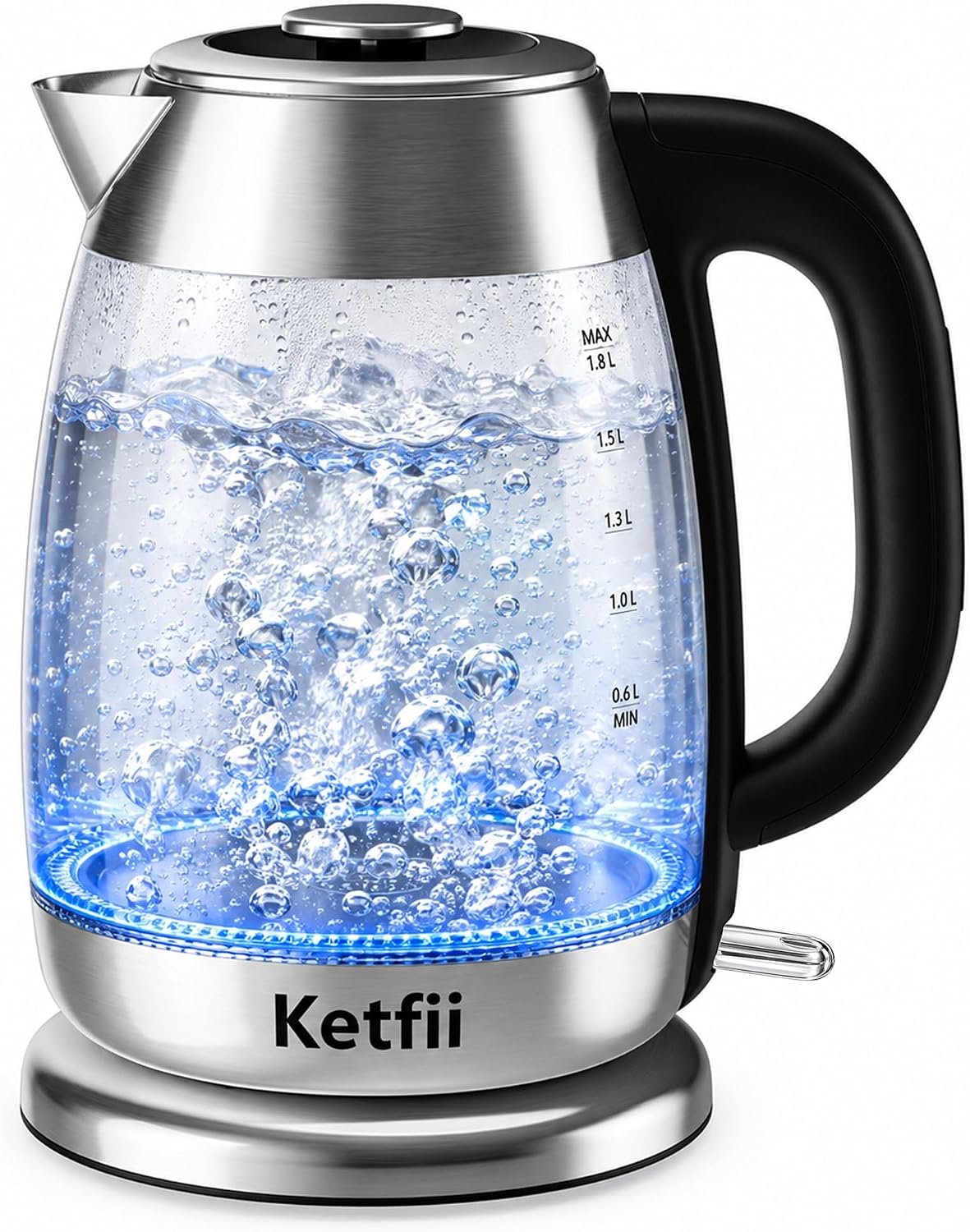 Electric Kettle 1.8 L, Stainless Steel & Glass, No Plastic, Fast Boiling