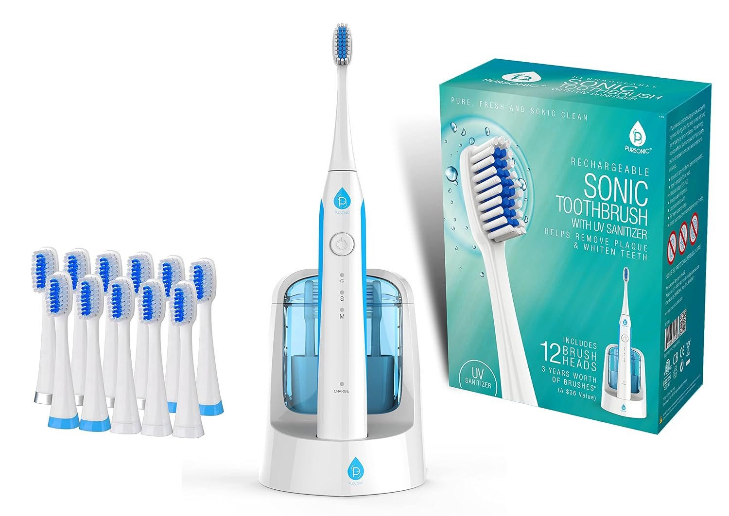 Pursonic S750 Sonic Toothbrush (White) — Smart Series Electronic Power Rechargeable Battery Toothbrus for Adults — 12 Bonus Brush Head