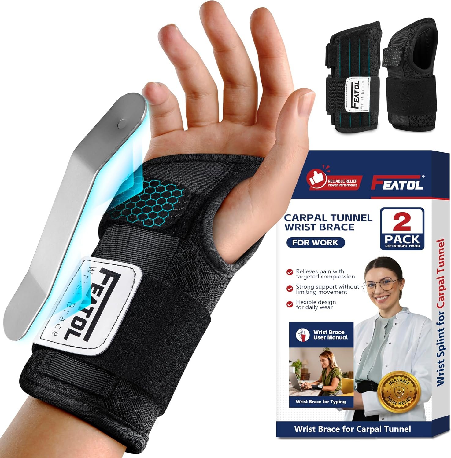 FEATOL 2 Pack Carpal Tunnel Wrist Brace For Work With Wrist Splint 6.5”