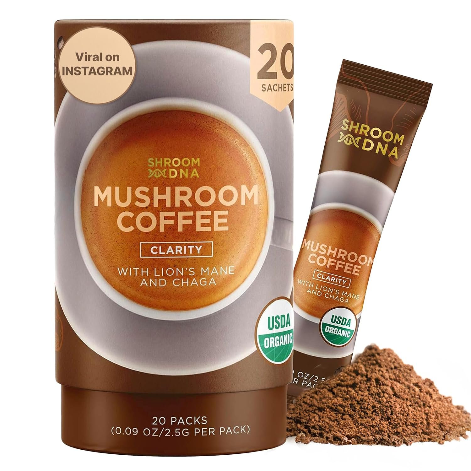 ShroomDNA Mushroom Coffee Blend with Chaga & Lion’s Mane | Instant Focus + Clarity All Day | Organic + Vegan + Gluten Free | No Added Sugar | 20 Count
