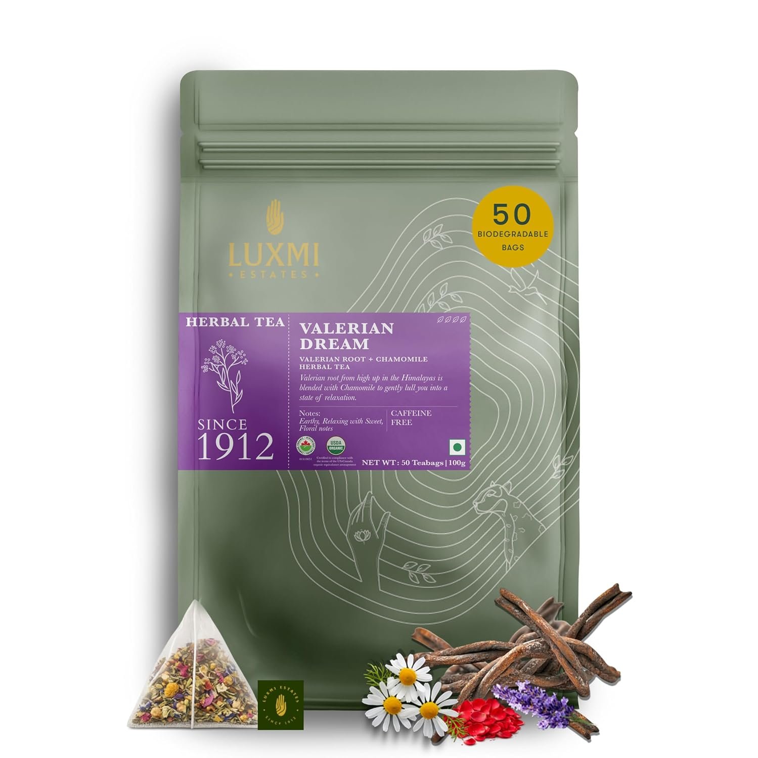 Luxmi Estates – Valerian Dream – Organic Valerian Root Tea for Sleep (50 Tea Bags, Valerian Root)