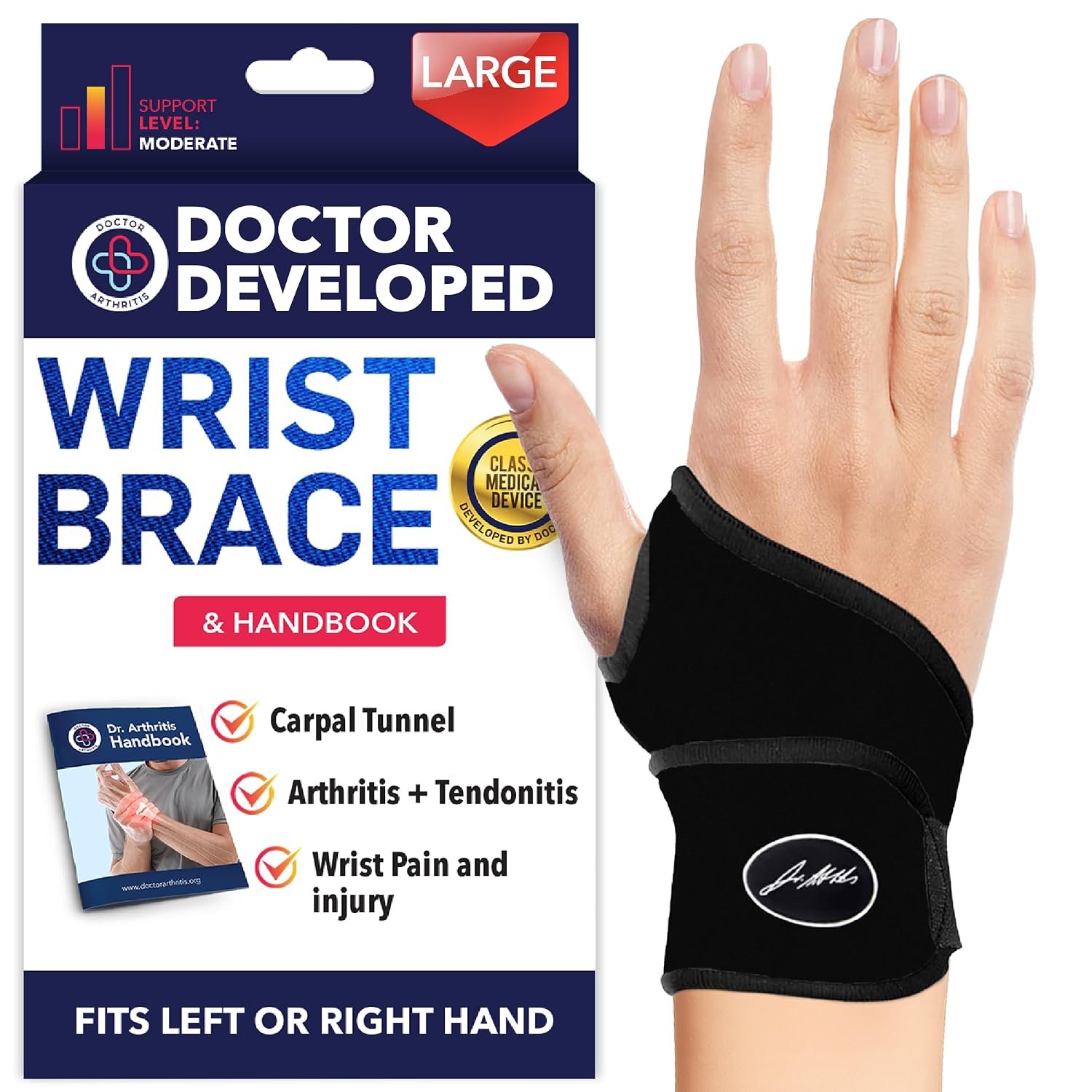 Doctor Developed Wrist Brace, Wrist Wraps for Carpal Tunnel Arthritis, Tendonitis, Hand Support, Ideal for Fitness, Weightlifting – Handbook Included (Wrist Brace – Large)