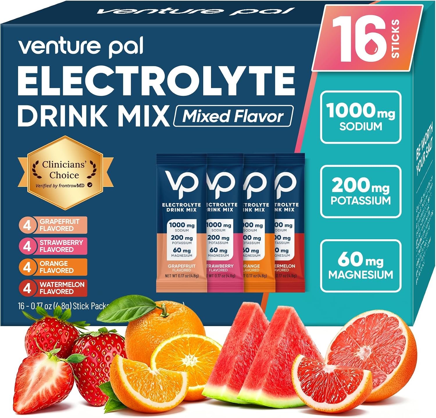 Venture Pal High Sodium Sugar Free Electrolytes Powder Packet, 16 Sticks