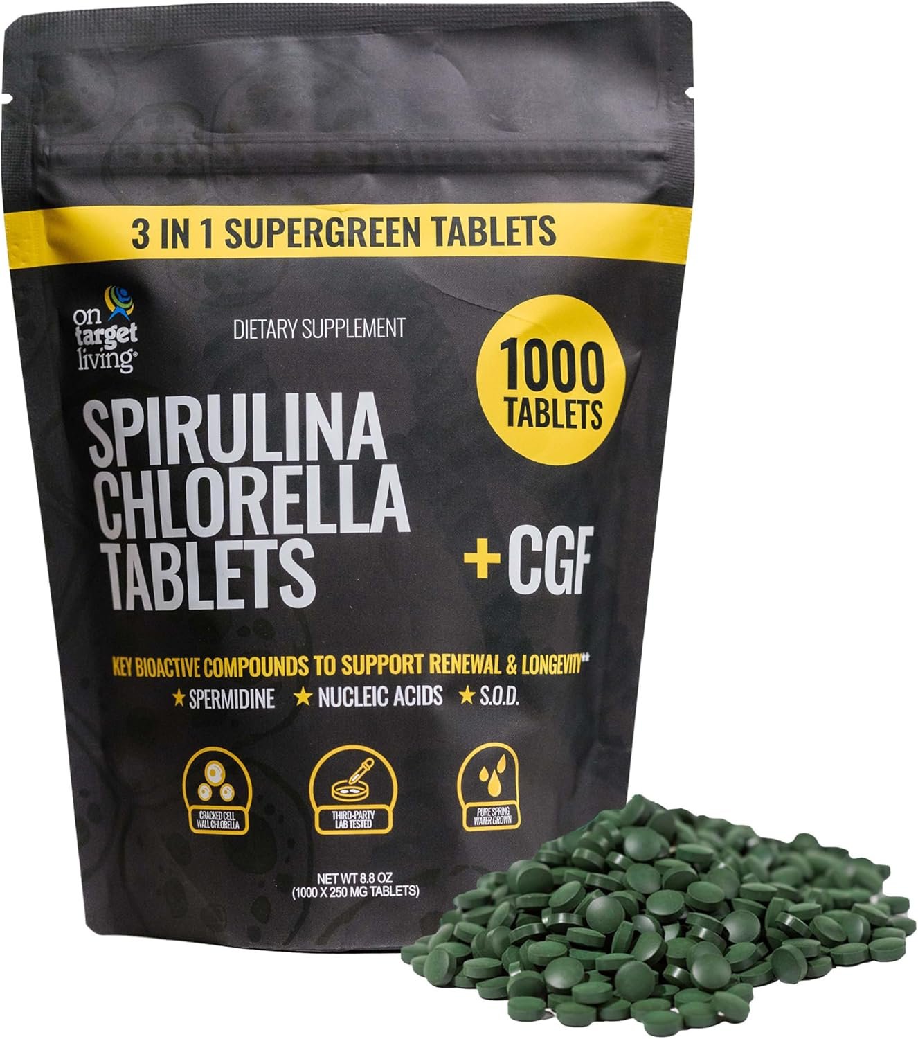 On Target Living Spirulina Chlorella + CGF | 1000 Supergreen Tablets | Vegan | High in Protein | Alkalyzing | Nutrient Dense | Energy | Recovery