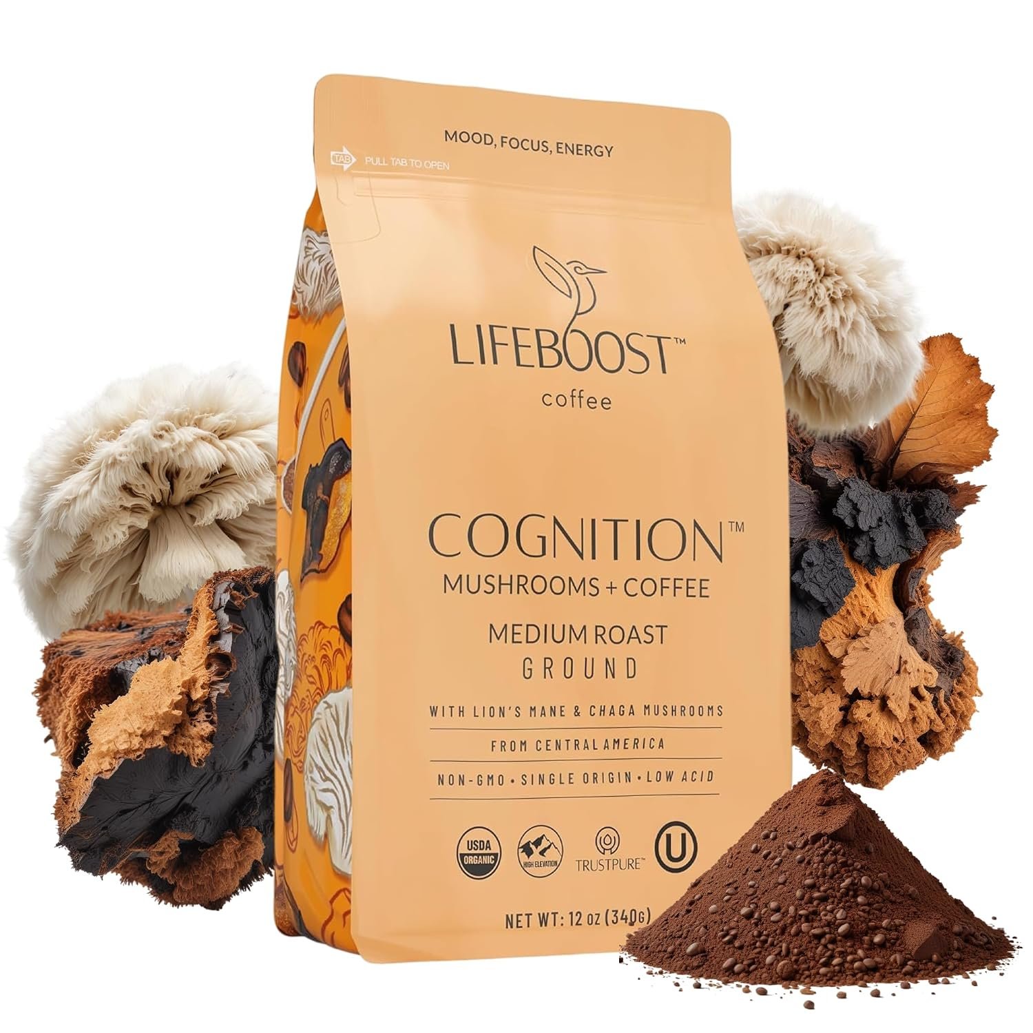 Lifeboost Cognition Mushroom Ground Coffee, Organic Low Acid, 12oz
