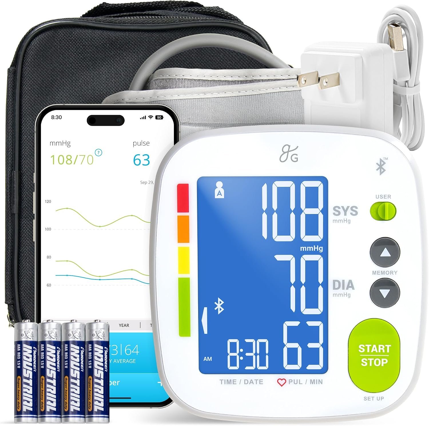 Greater Goods Bluetooth Smart Blood Pressure Monitor – Automatic Digital Upper Arm BP Machine for Home Use, 8.7”–16.5” Standard Cuff, Compatible with XL Cuff, Large Easy-to-Read Display, Complete Kit
