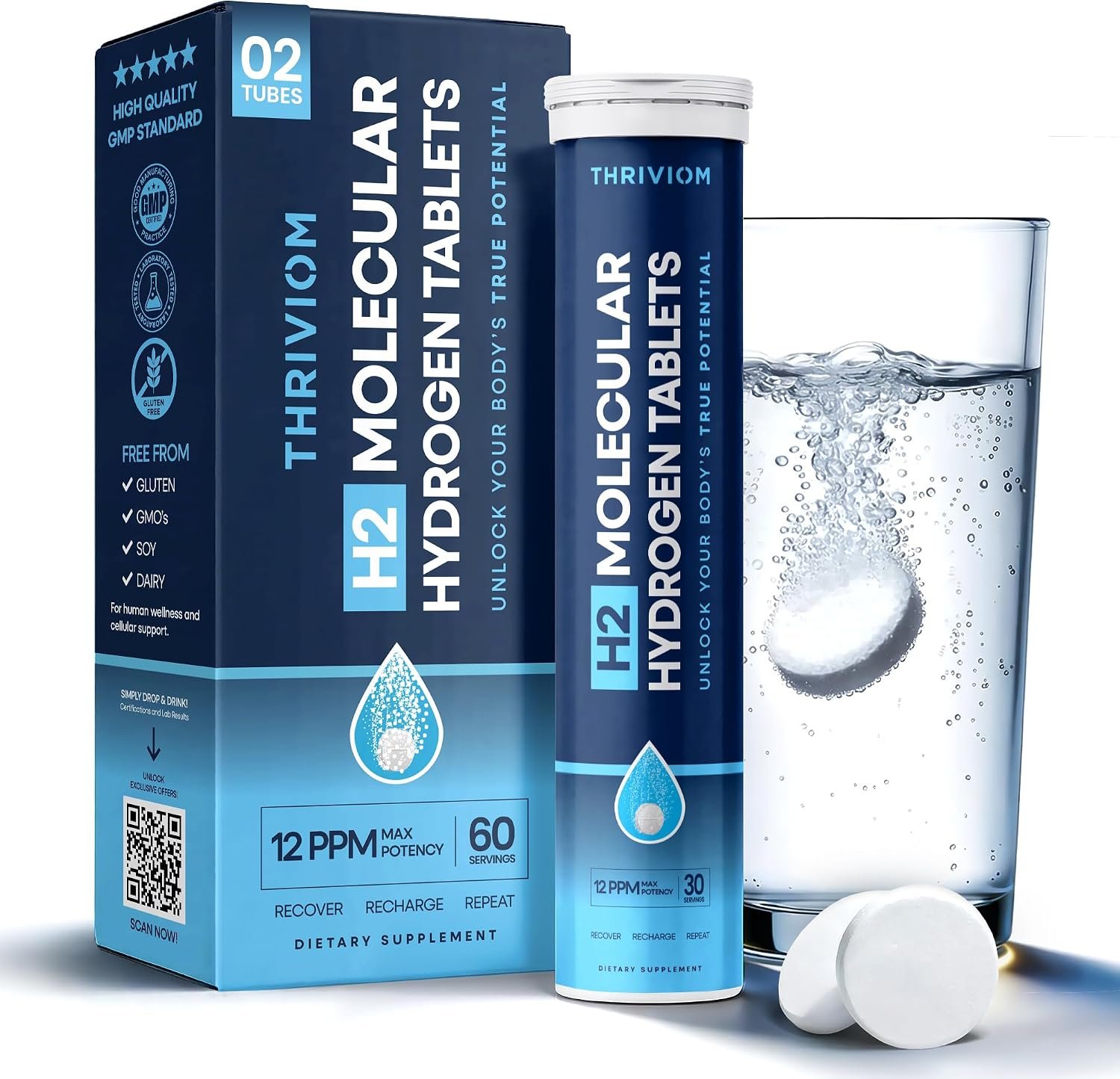 H2 Molecular Hydrogen Water Tablets for Drinking – 12 PPM Magnesium Tablets for Brain Energy, Mental Clarity, Muscle Recovery, & Cognitive Function, Non-GMO & Gluten-Free (60 Counts)