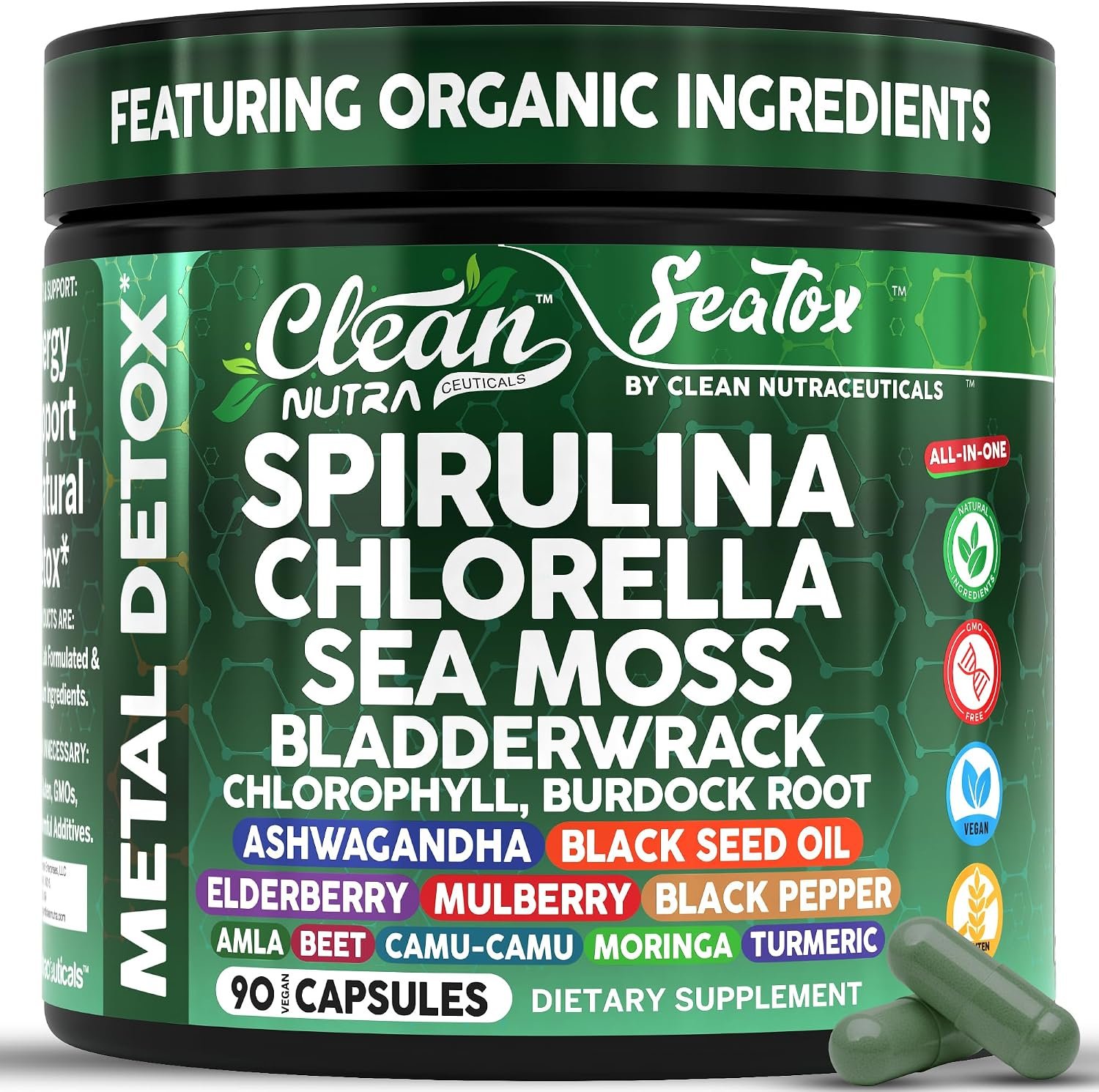 Sea Tox Organic Spirulina and Chlorella Capsules Natural Cleansing & Nourishment Sea Moss Bladderwrack Chlorophyll Burdock Root Ashwagandha Turmeric 90 Vegan Black Seed Oil Capsules By Clean Nutra