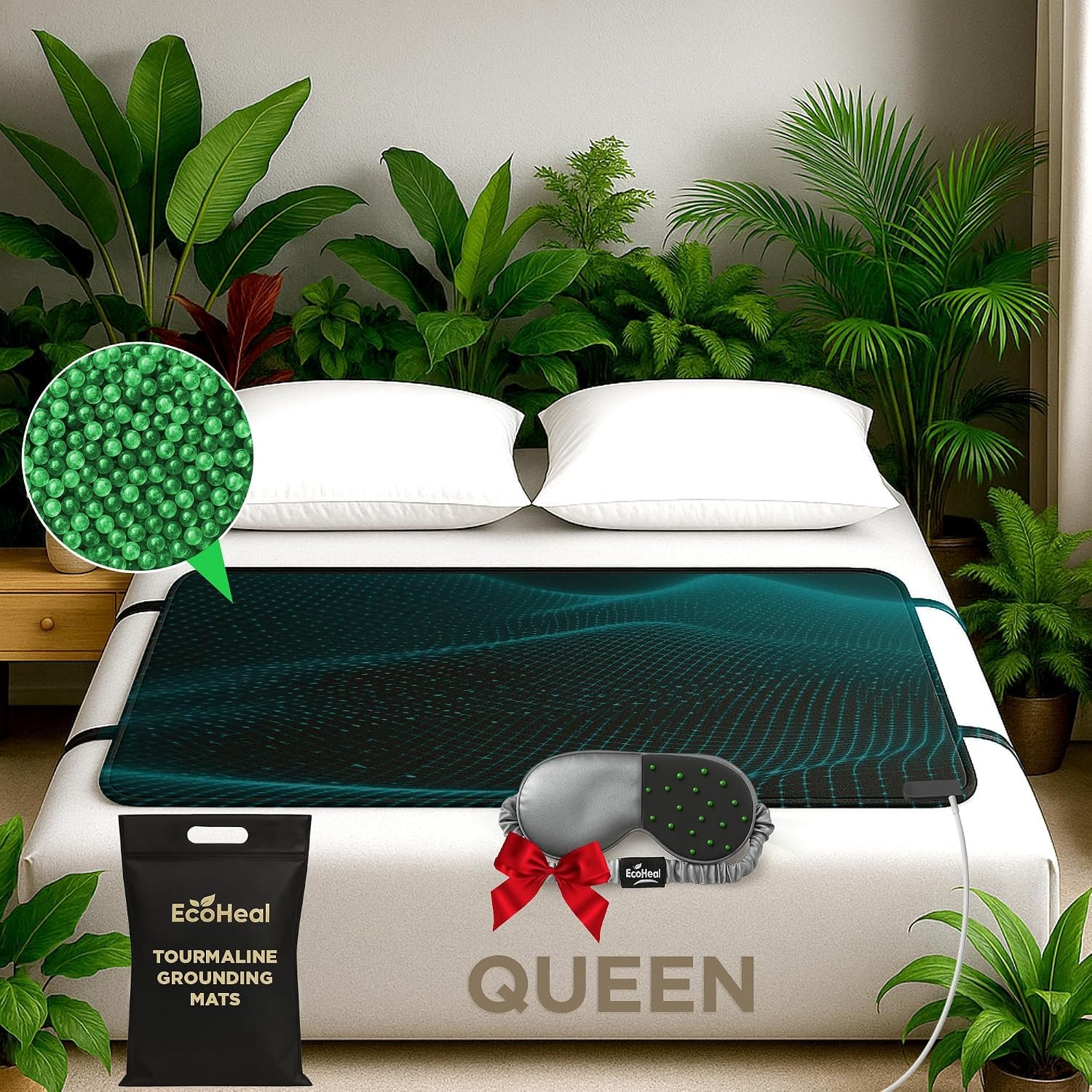 Luxury Tourmaline Grounding Mat Queen 59” x 27” for Bed – Conductive PU Leather Surface, Quality Certified, Includes Silver Sleep Mask & 15ft Cord