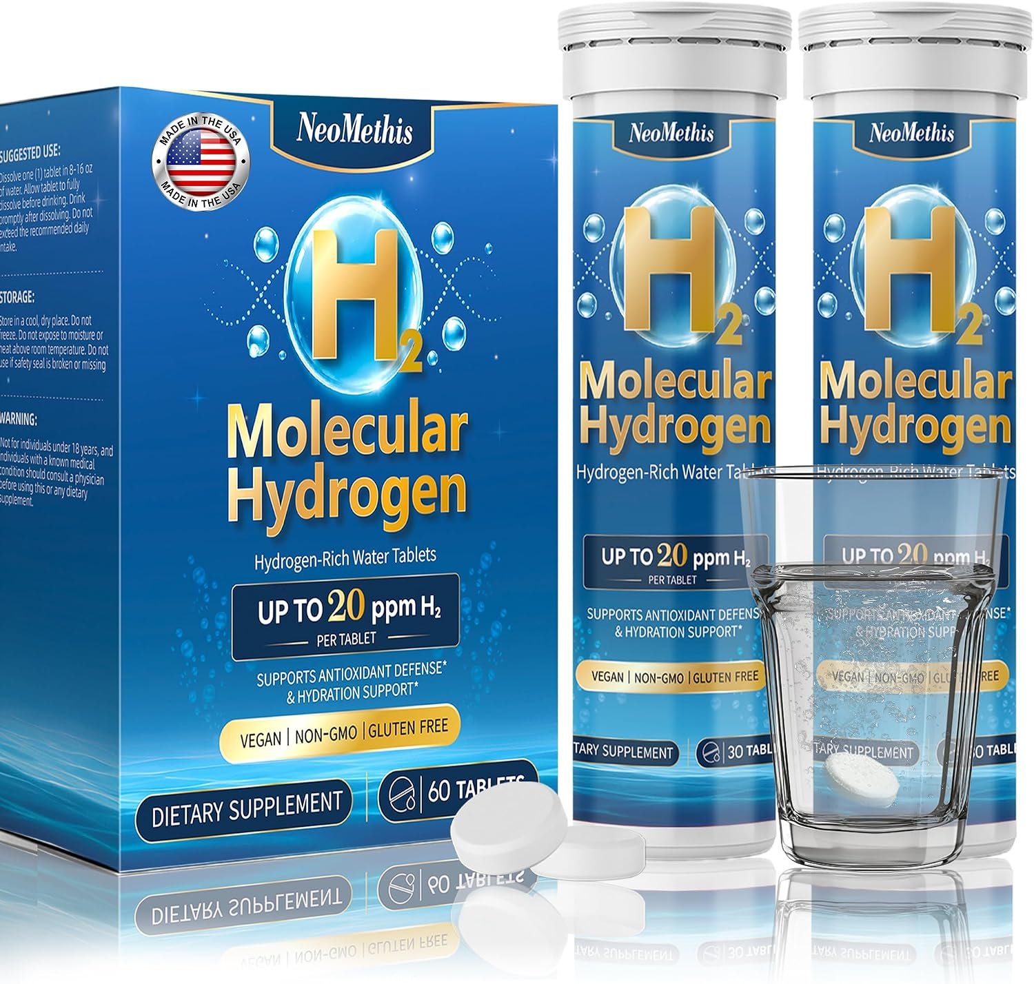 Hydrogen Water Tablets –Up to 20ppm | H2 Molecular Hydrogen + Elemental Magnesium | Fast-Dissolving Antioxidant Supplement | 60 Tablets | Supports Brain Health, Energy & Cellular Function