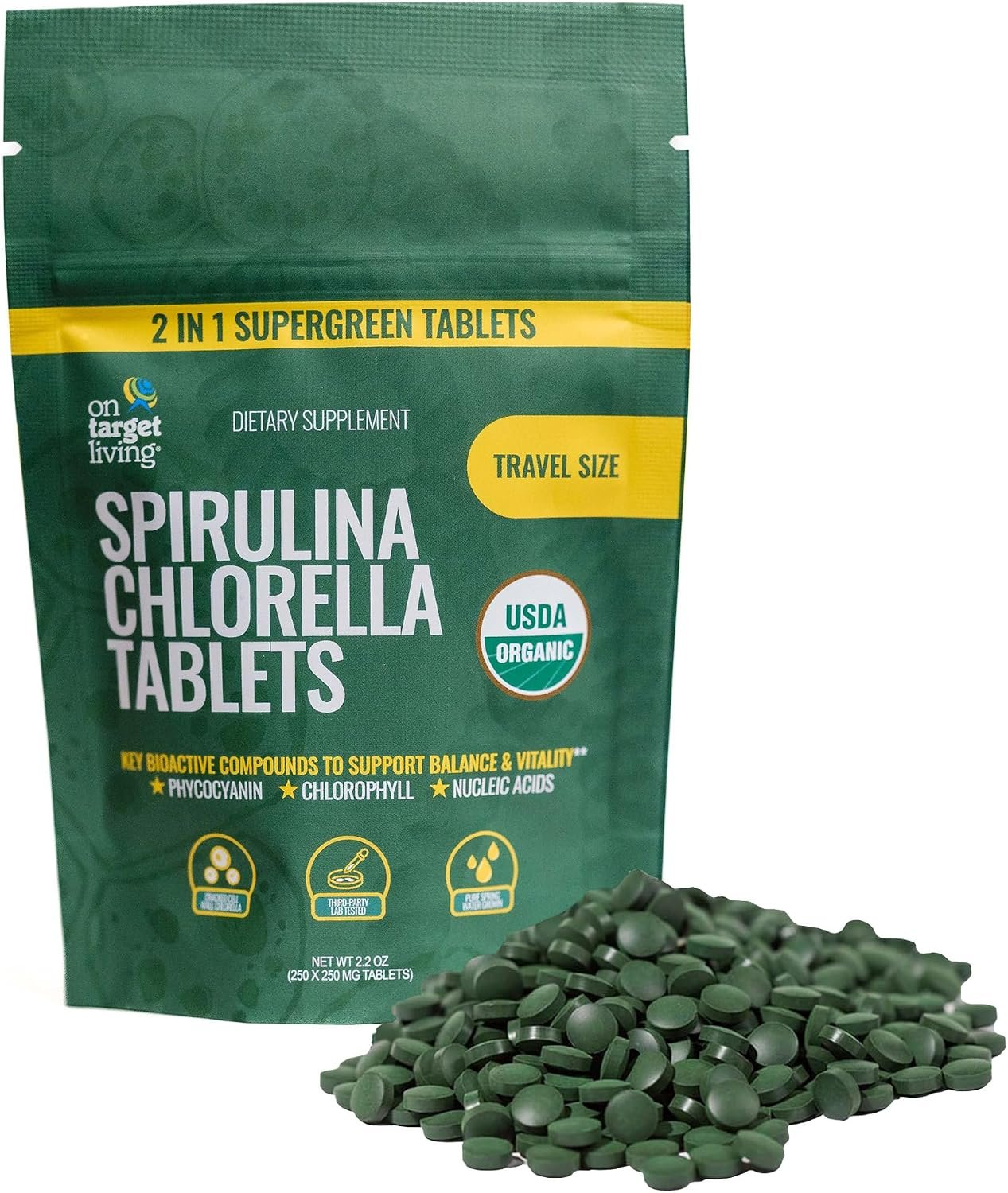 On Target Living Organic Spirulina Chlorella Travel Size | Super Greens | USDA Organic | 250 Tablets – 250 G (2.2 oz) | Vegan | Alkalyzing | Protein Dense