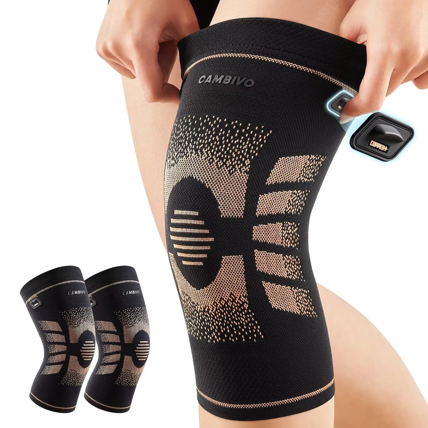 CAMBIVO 2 Pack Copper Knee Brace for Women Men, Pain Relief Knee Support, M