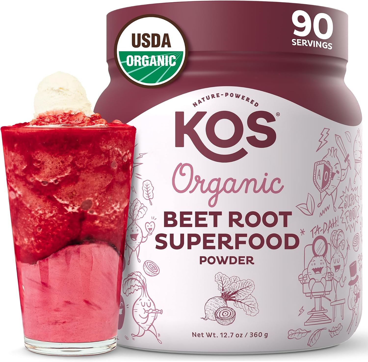 KOS Organic Beet Root Powder, USDA Organic – Natural Nitric Oxide Booster, Superfood Plant Based Beetroot Antioxidant, Supports Active Lifestyle & Healthy Circulation, Soy & Gluten-Free – 90 Servings