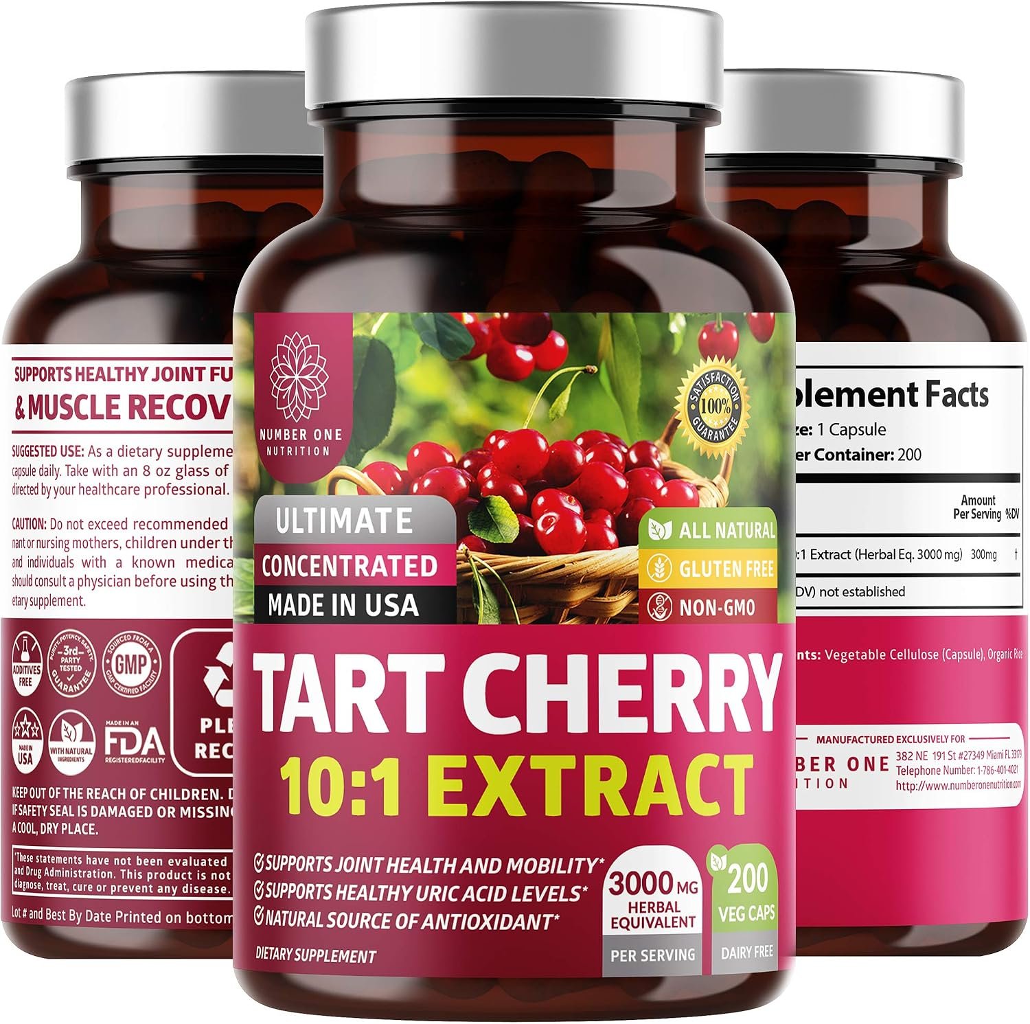 Tart Cherry 10:1 Extract 300mg, Joint & Antioxidant Support, 200 Caps