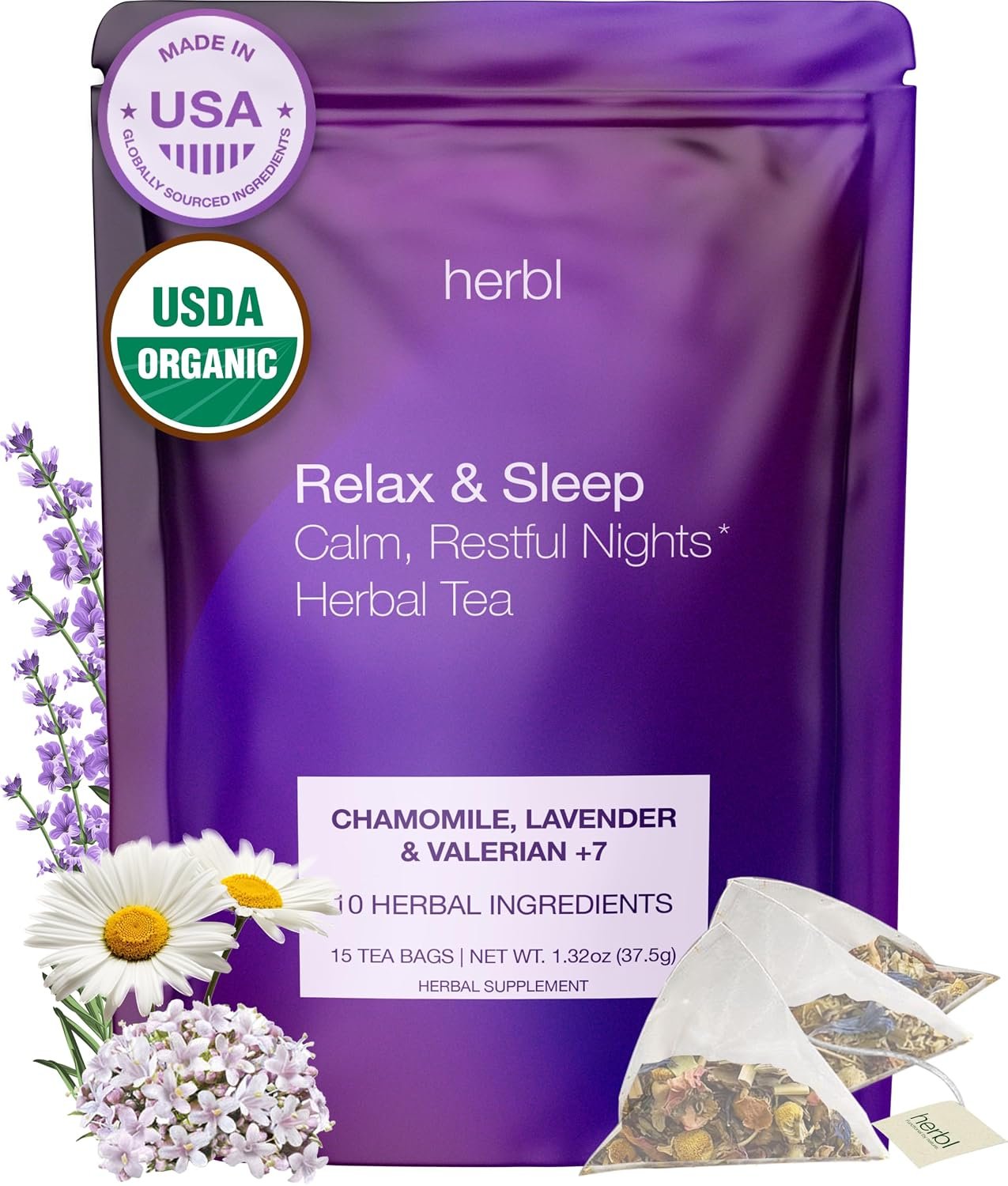 Organic Chamomile Lavender Tea – Relax & Sleep Tea – Chamomile Lavender Tea with Valerian, Passionflower, Lemon Balm and Extra Herbal Ingredients – The Ultimate USDA Organic Sleep Tea