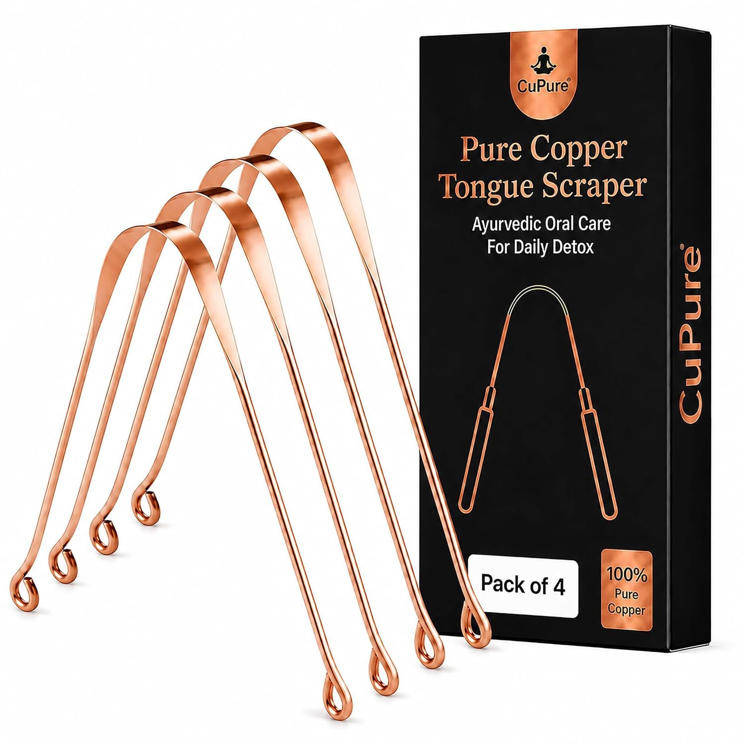 Copper Tongue Scraper for Adults & Kids (Pack of 4) – Pure Copper Tongue Cleaner, Ayurvedic Oral Care Tool, Long Handle, Reduces Bad Breath, Reusable Metal Tongue Scrubber