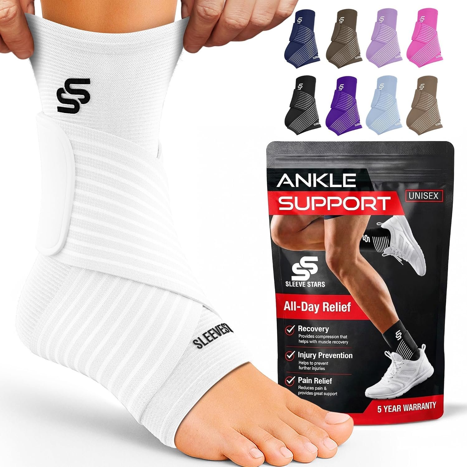 Sleeve Stars Ankle Brace Men & Women Support (Single/M:10″-12″/White)