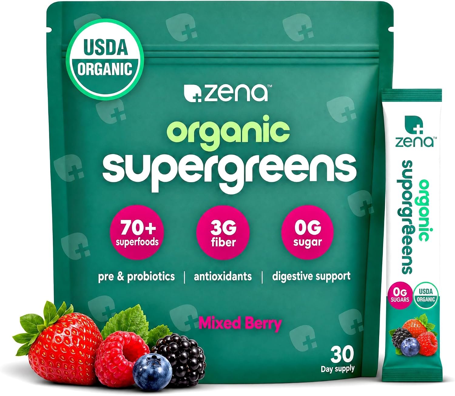 Zena Nutrition Organic Super Greens Powder, 70+ Superfoods, 0 Sugar, 3g Fiber, Spirulina, Chlorella, Mushrooms, Prebiotics/Probiotics, Digestive Enzymes, Gut Health, Mixed Berry, 30 Drink Mix Packets