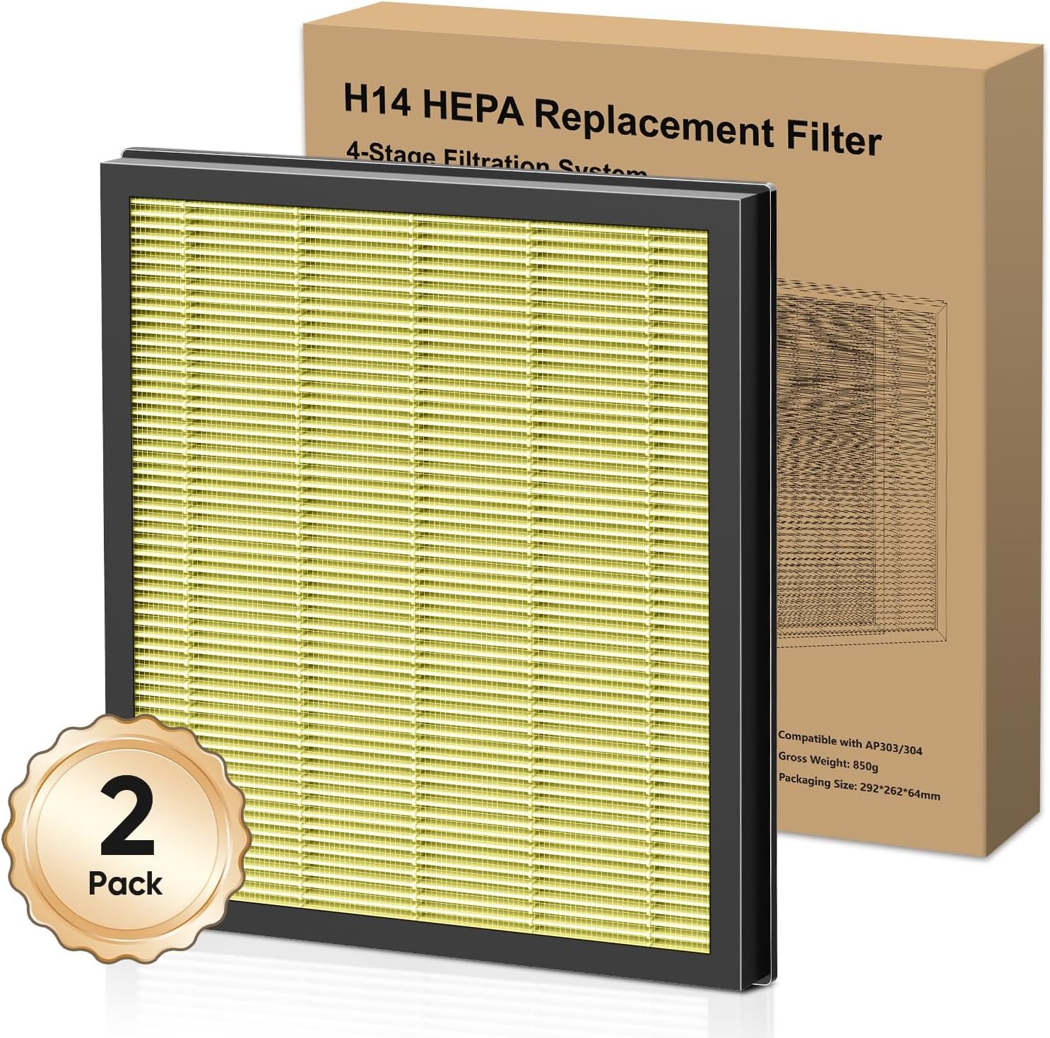 DAYETTE 2 Pack H14 Replacement Filter Compatible AP303/AP304/305/308/405 Air Purifiers, 4-in-1 H14 Grade True HEPA High-Efficiency Activated Carbon for pet