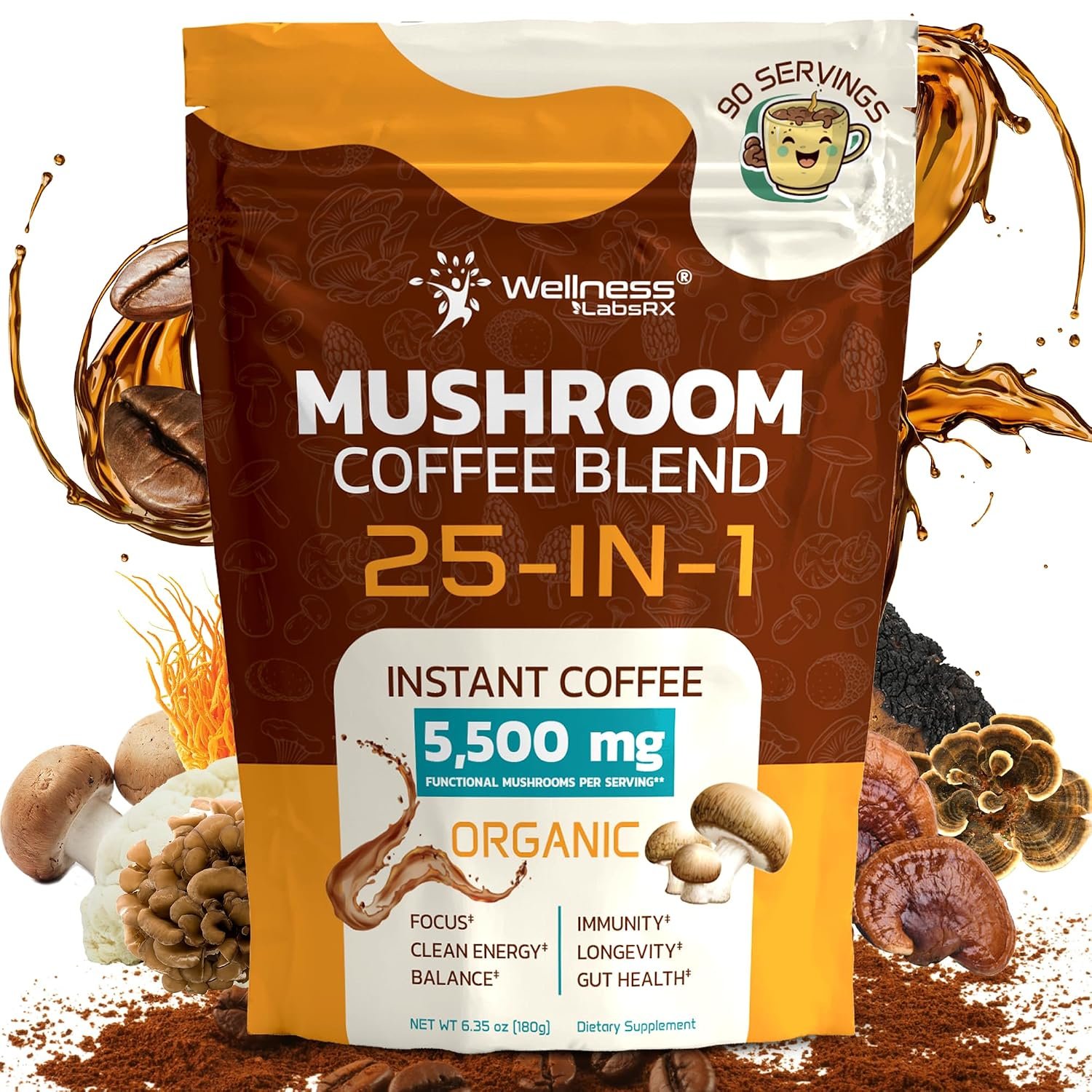 Organic Mushroom Coffee Instant, 25-in-1 Lions Mane & Reishi, 90 Servings