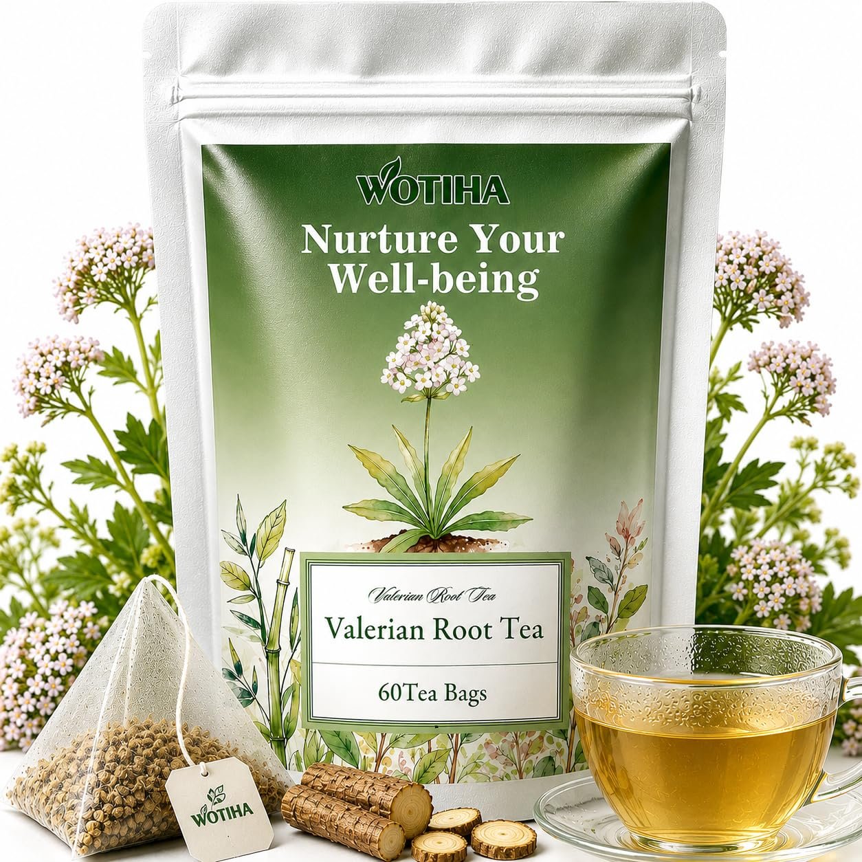 WOTIHA 60 Count Valerian Root Tea Bags – Pure Valeriana Herb for Bedtime Calm – Plant-Based Corn Fiber Pyramid Bags with String – Natural Earthy Flavor, Caffeine Free Herbal Tea