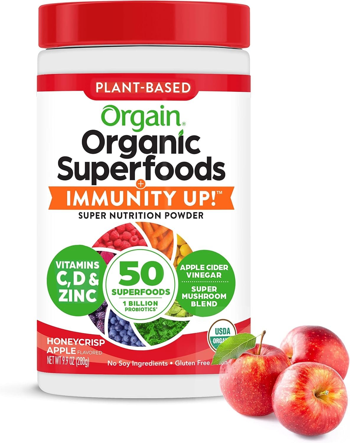 Orgain Greens + Superfoods Immunity Up Powder, Honeycrisp Apple, 0.62lb