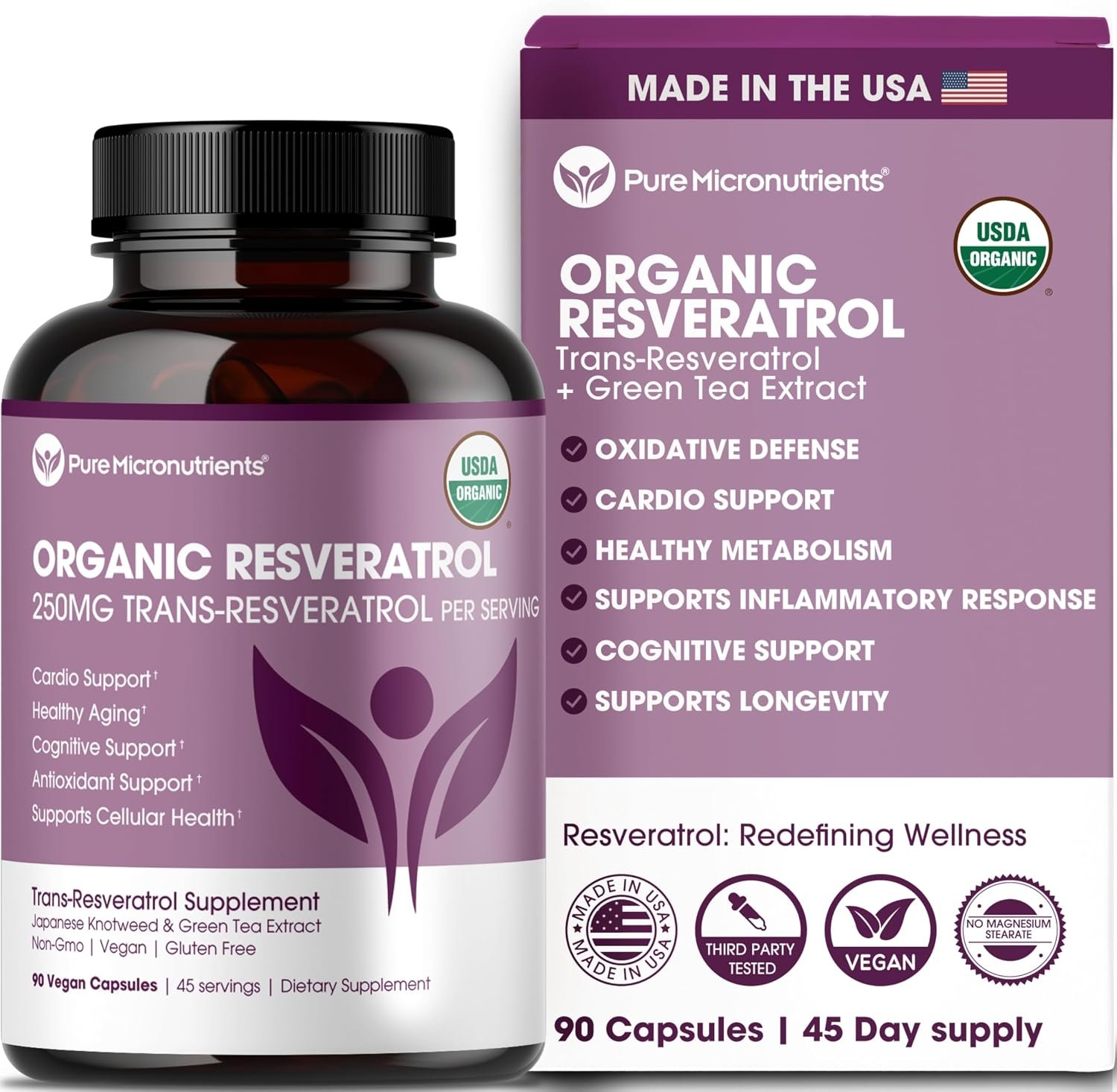 Organic Resveratrol Supplement with Green Tea, 90 Vegan Capsules