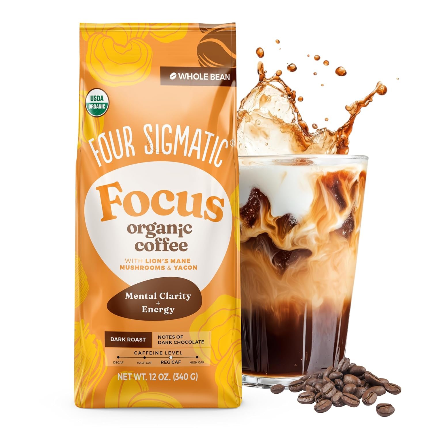 Four Sigmatic Dark Roast Organic Whole Bean Coffee | Gourmet Nootropic Mushroom Coffee Beans with Lion’s Mane & Chaga Mushrooms for Enhanced Brain Function and Immune Support | 12oz