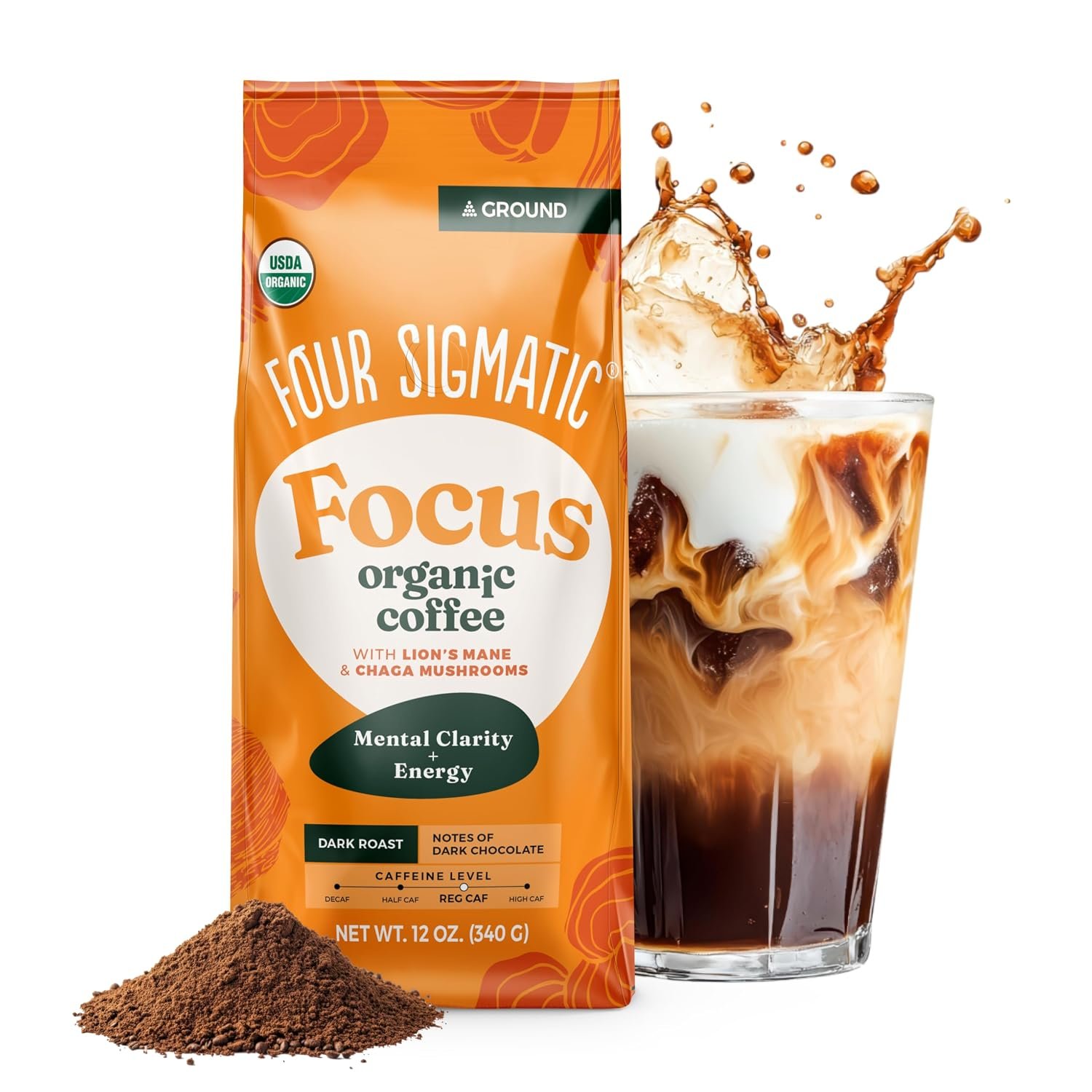 Four Sigmatic Organic Focus Mushroom Ground Coffee | Dark Roast, Organic Coffee with Lion’s Mane & Chaga Mushroom for Mental Clarity & Energy Support | 12oz Bag