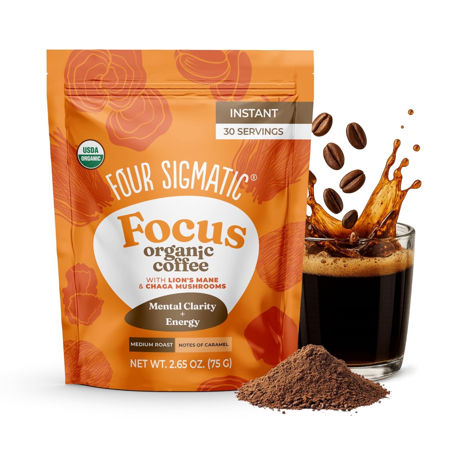 Four Sigmatic Organic Mushroom Coffee | Instant Mushroom Coffee Mix with Lion’s Mane, Chaga and Rhodiola for Better Focus and Immune Support | 30 Serving Bag