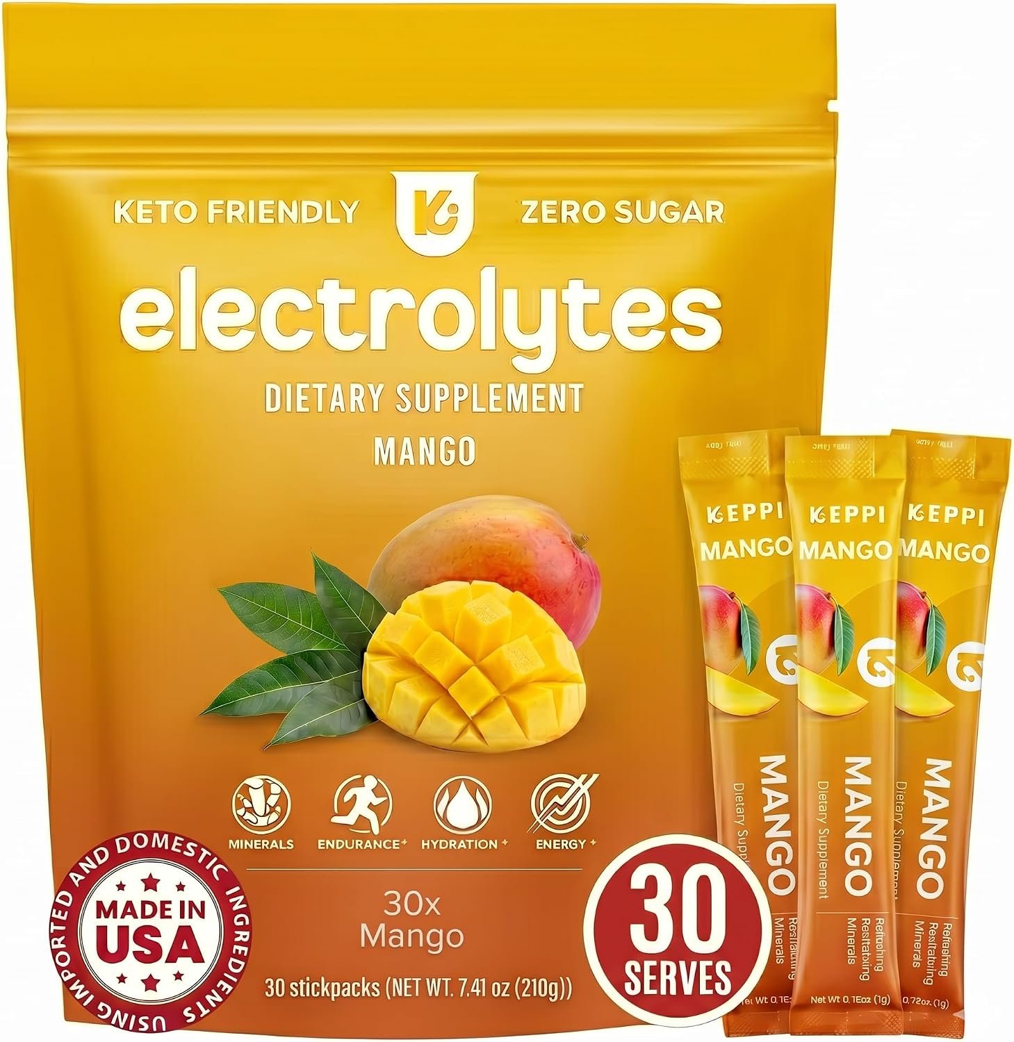 Keppi Electrolytes Powder Packets – Mango Flavor 30 Servings – No Sugar Hydration Supplement with Potassium, Magnesium, Sodium – Keto, Vegan, Fasting-Friendly, Zero Calorie Hydration Packets