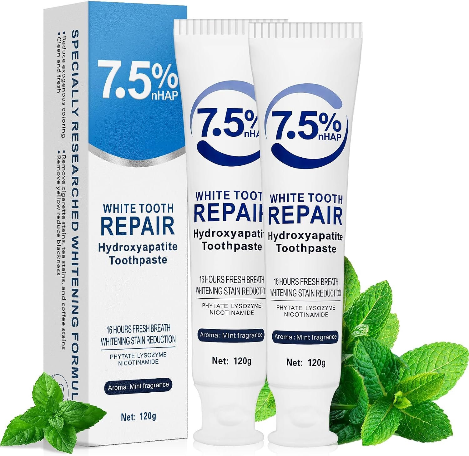 Nano Hydroxyapatite Toothpaste for Adults with Sensitive Teeth, 7.5% nHA, SLS & Fluoride Free, 2Pack, Dentist-Formulated, Strengthens Enamel, Protects Gums, Freshens Breath & Whitens Teeth