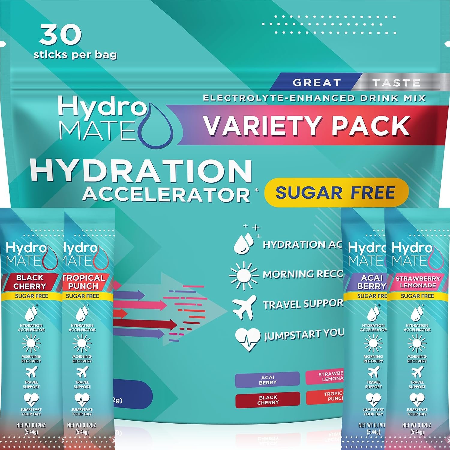 HydroMATE Electrolyte Powder Sugar-Free Hydration Packets Variety Pack 30 Sticks