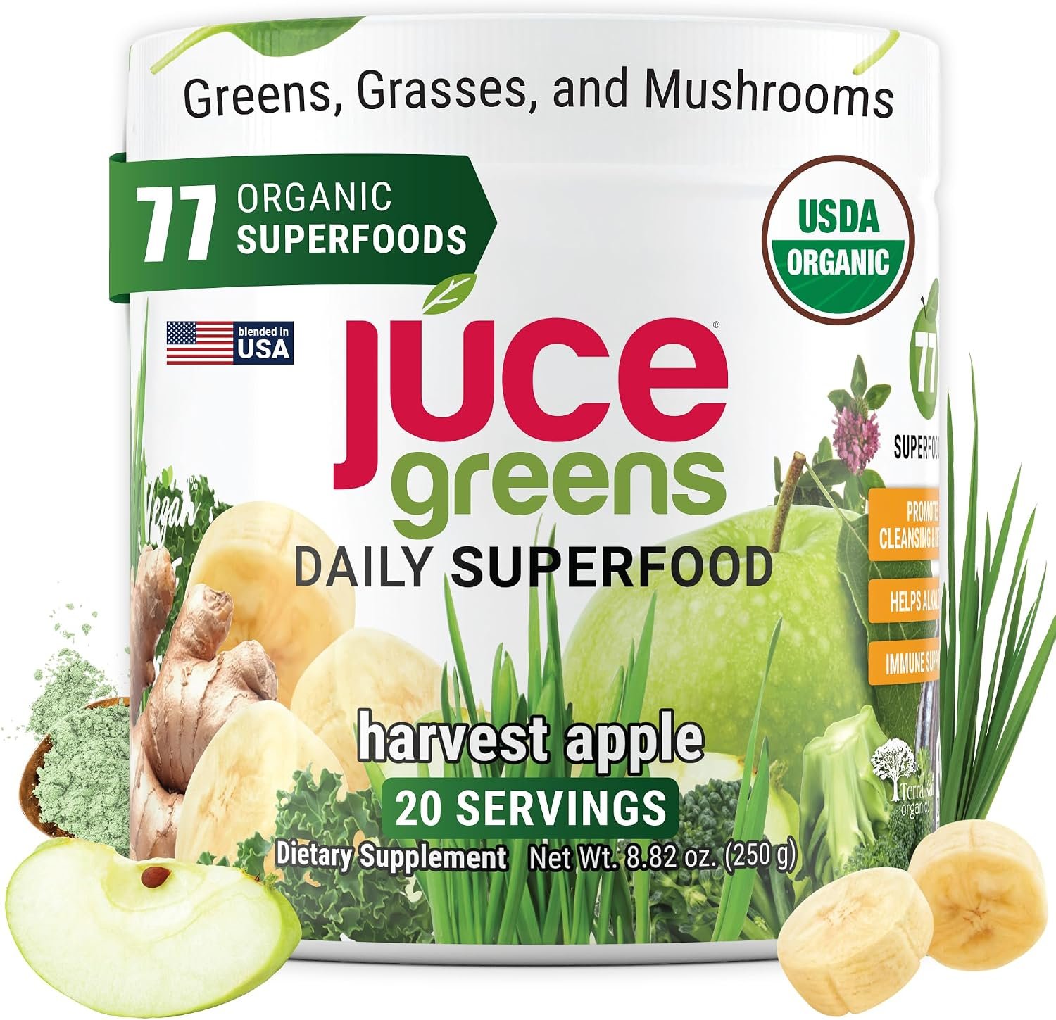 Terra Kai Organics Juce Greens Powder, 64 Superfoods and 6 Mushrooms, Apple