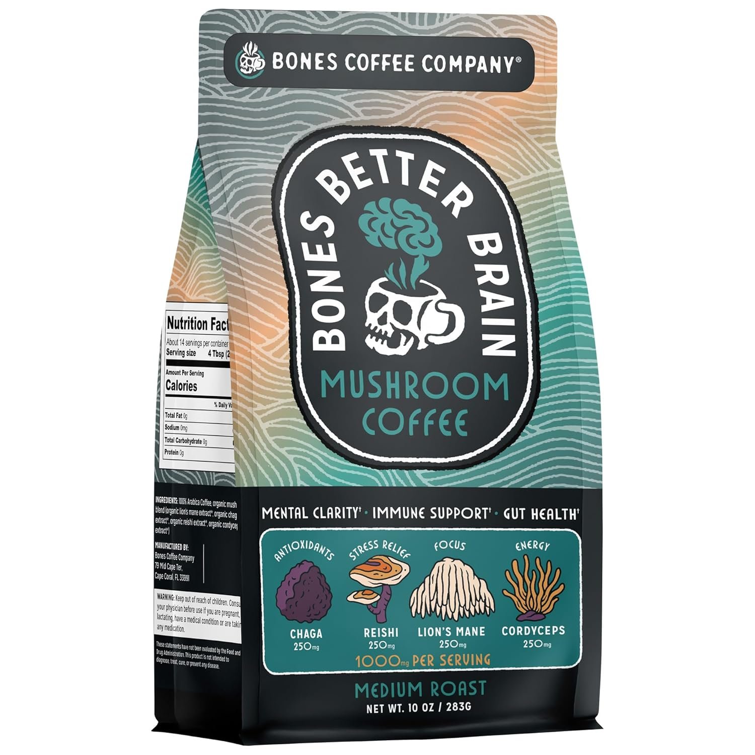 Bones Coffee Company Better Brain Mushroom Coffee – Medium Roast Low Acid Arabica Beans – Ground Coffee – Reishi, Chaga, Lion’s Mane, Cordyceps Mushroom Blend – 10 Oz