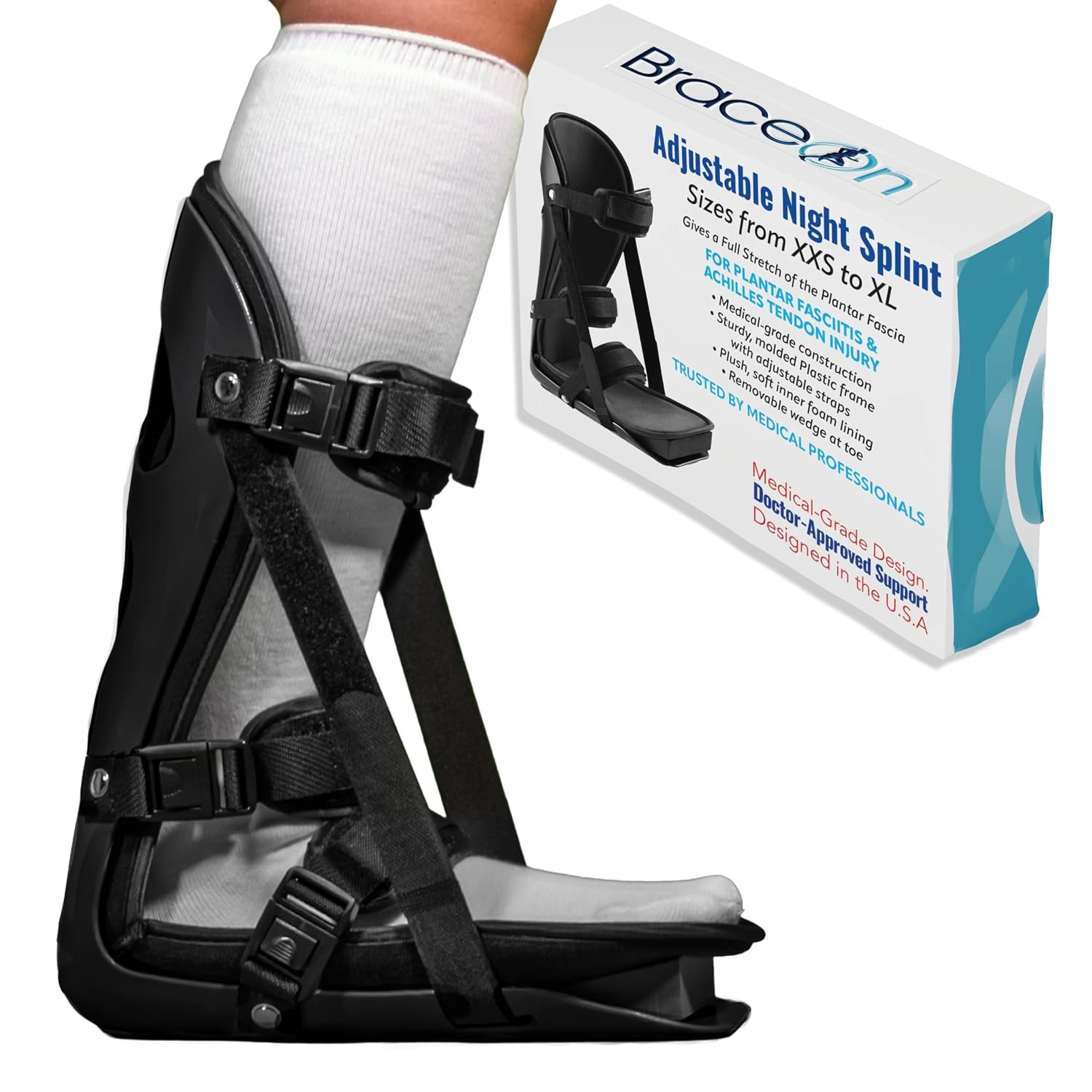 Brace On Adjustable Night Splint, Foot Brace Ankle Support, Black, X-Large