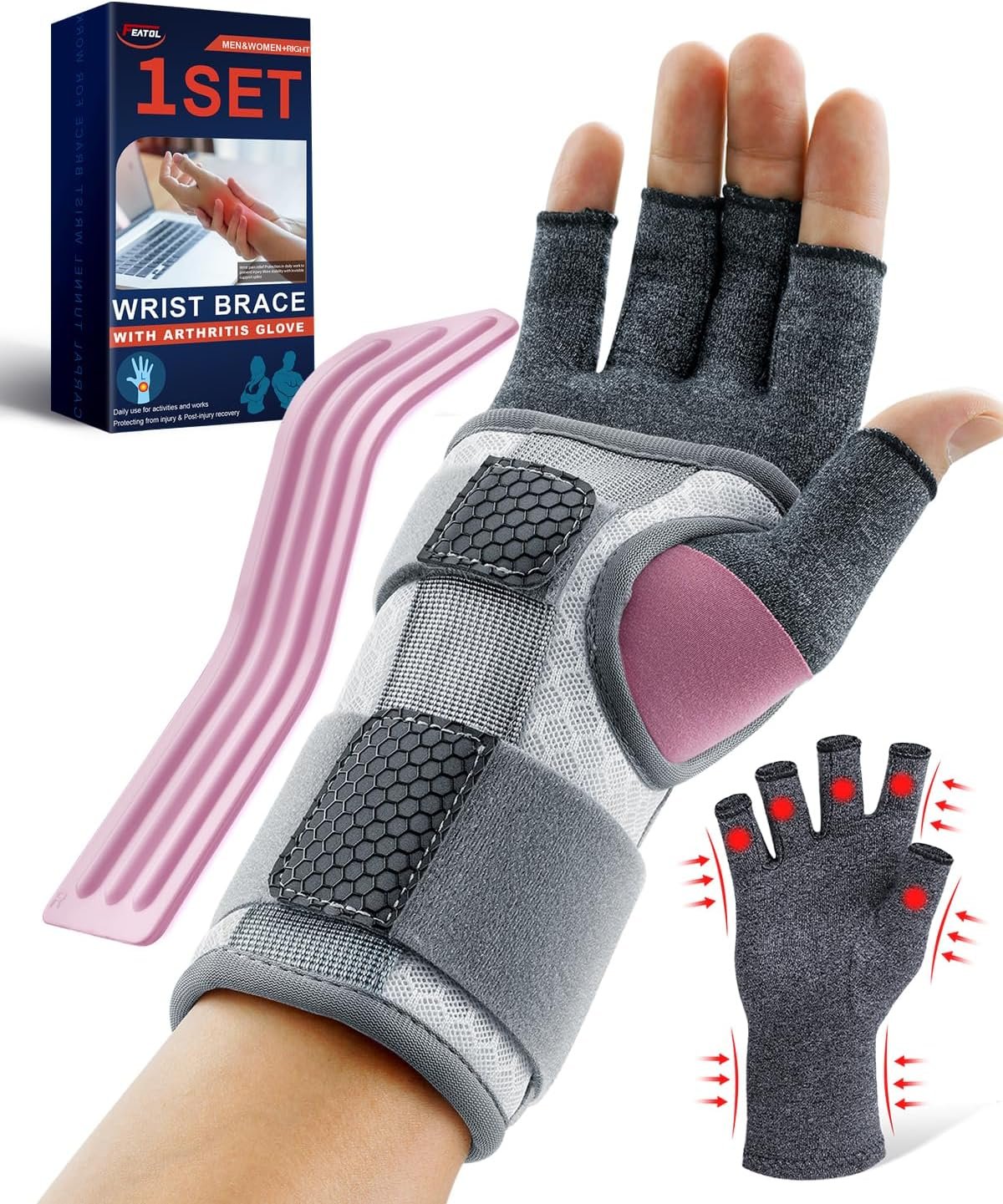 FEATOL Compression Arthritis Glove with Wrist Brace, Comfortable Fingerless Carpal Tunnel Hand Gloves for Women Night Support, Pain Relief for Rheumatoid Arthritis, Work, Typing – Right Hand, Medium