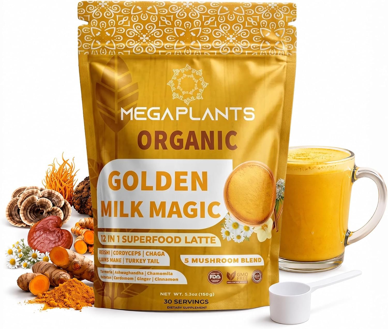 MEGAPLANTS Organic Golden Milk Powder | Mushroom Turmeric Lions Mane Latte