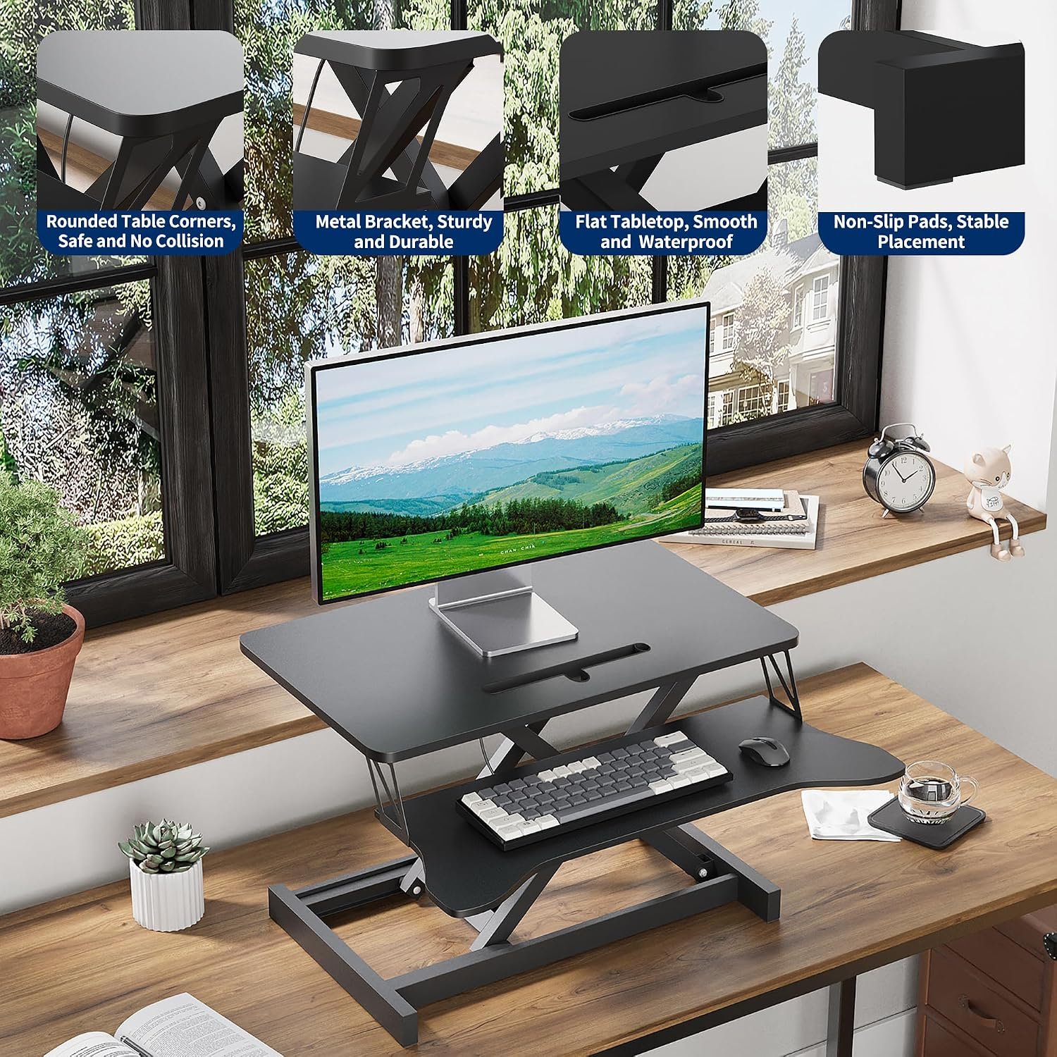 Panana Standing Desk Converter, Height Adjustable Sit to Stand Up Workstation, Dual Monitor and Laptop with Wide Keyboard Tray for Home Office (31.5″)