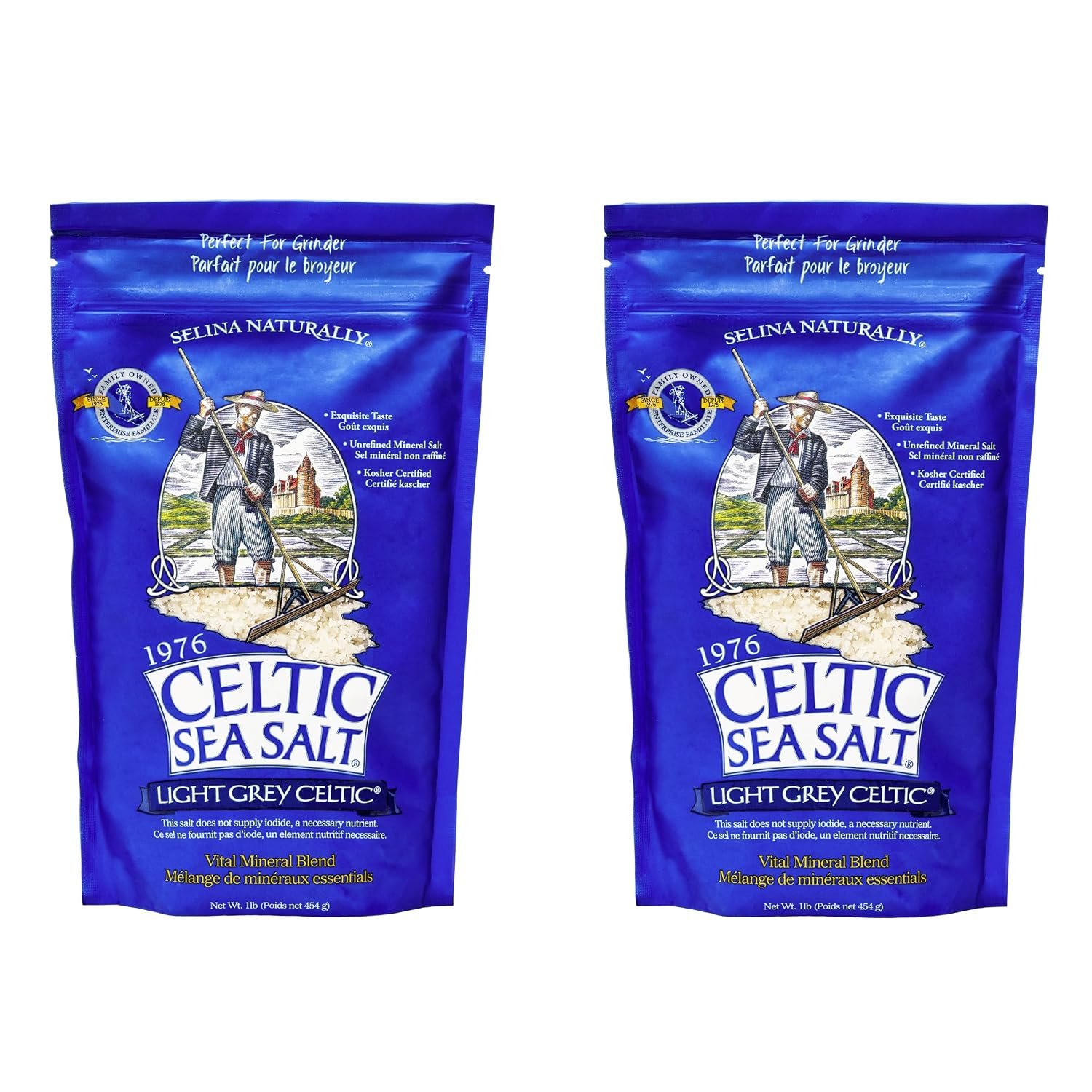 Celtic Sea Salt Light Grey Coarse – Unrefined Mineral Salt, 70+ Trace Minerals, Sustainably Harvested, GMP Certified – Cooking, Finishing, Hydration, Grinder Use – 2 Pack (1 lb Each)