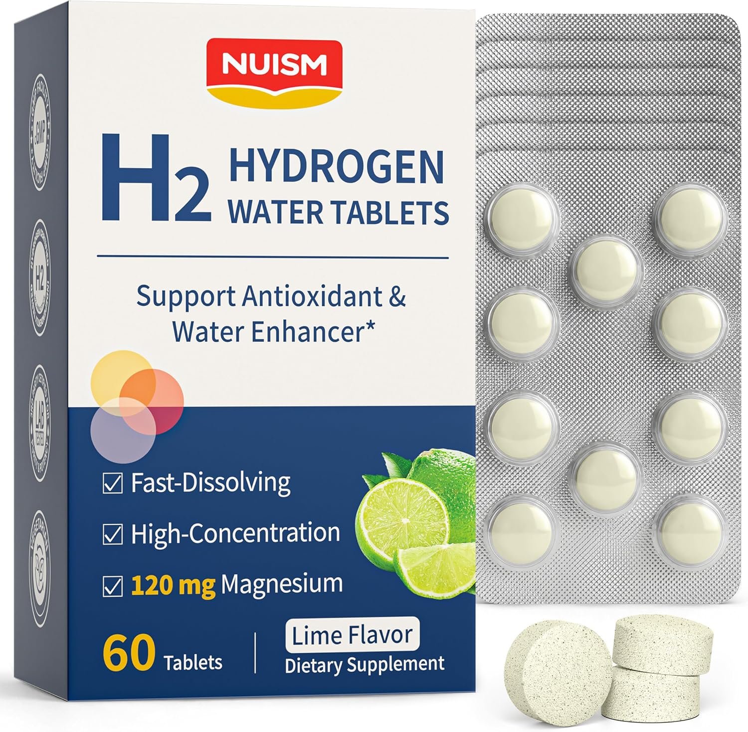 Molecular H2 Hydrogen Water Tablets-16 PPM Hydrogen Tablets for Drinking Water with Magnesium, Rich in Antioxidants, Mental Clarity, Cognitive Function,Cellular Health, Recovery Energy(Lime)60ct